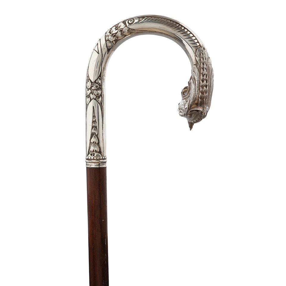 A CONTINENTAL 800 STANDARD SILVER SEA DRAGON CANEUnmarked, possibly French, circa 1890 - 2