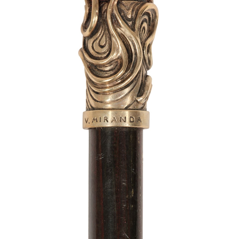AN ITALIAN ART NOUVEAU TOREE DEL GRECO CORAL AND 800 STANDARD SILVER-GILT NEPTUNE TRAVELING CANE... - 2