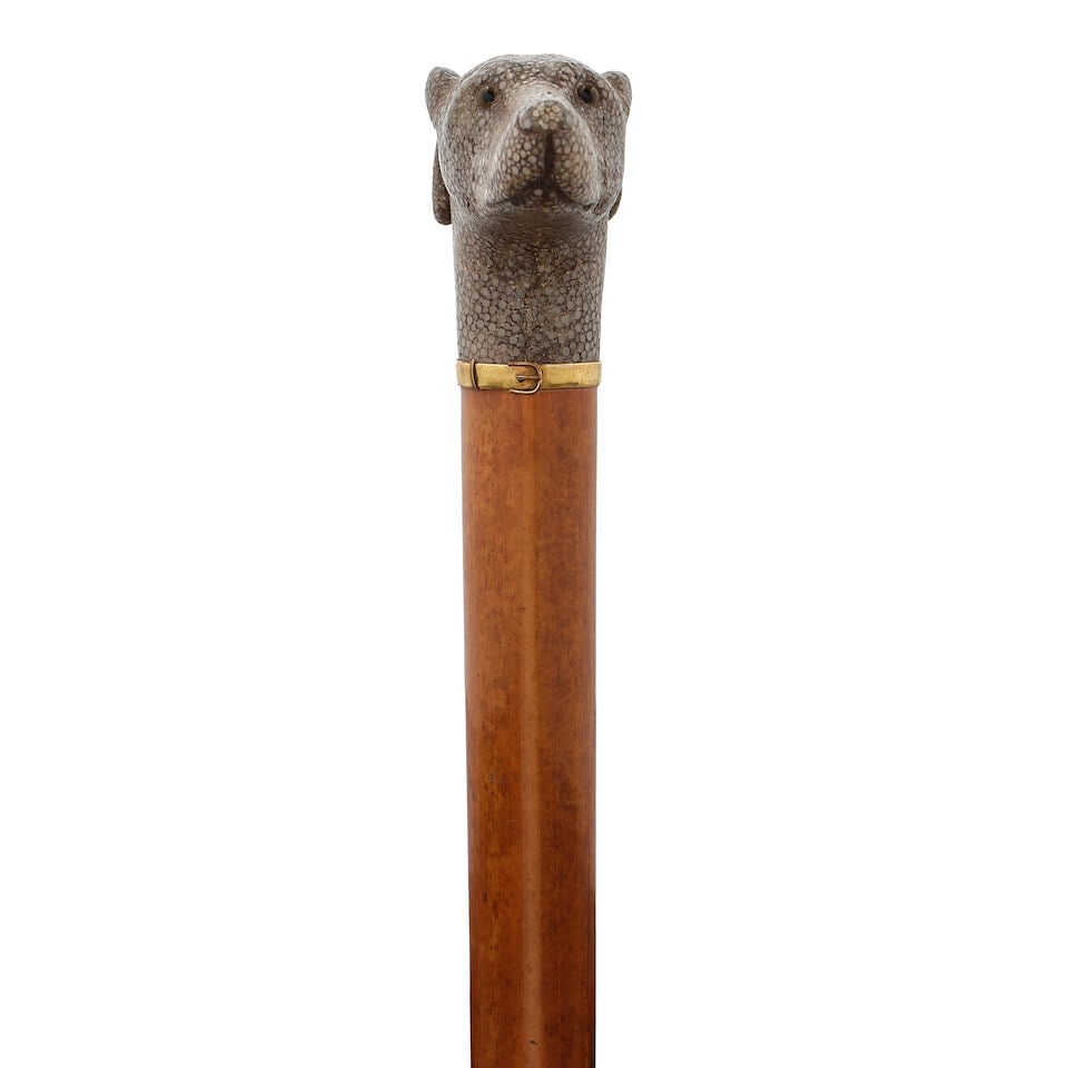 A CONTINENTAL GLASS INSET SHAGREEN AND 14k GOLD DOG CANELate 19th/early 20th century - 2