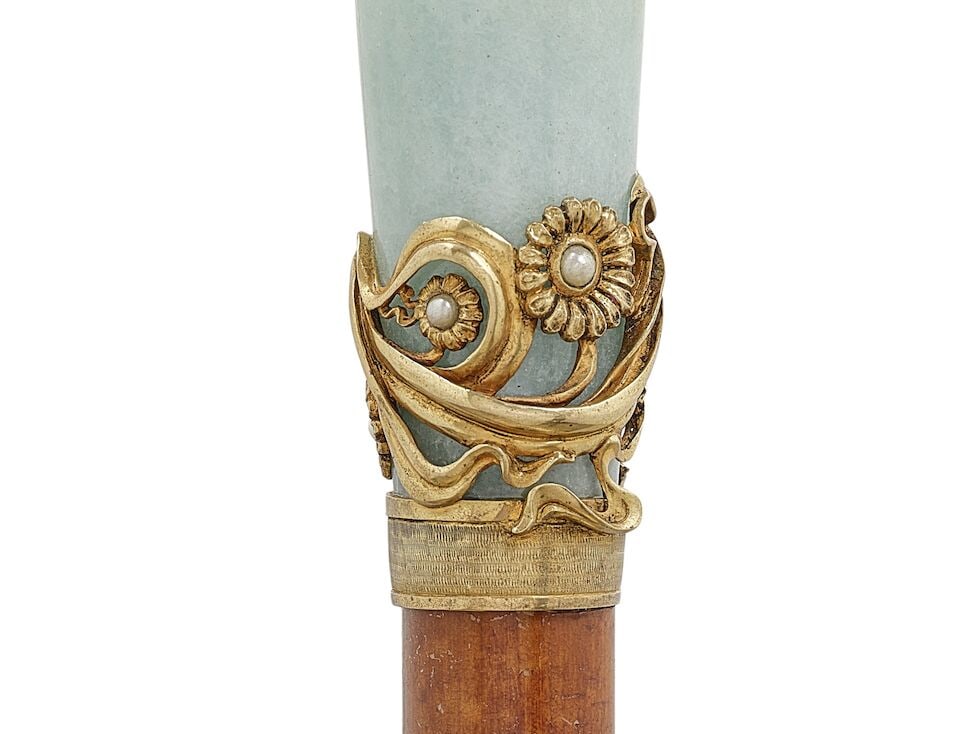 A RUSSIAN AQUAMARINE AND PEARL INSET 875 SILVER-GILT STIL MODERN FLOWER CANECirca 1890 - 2