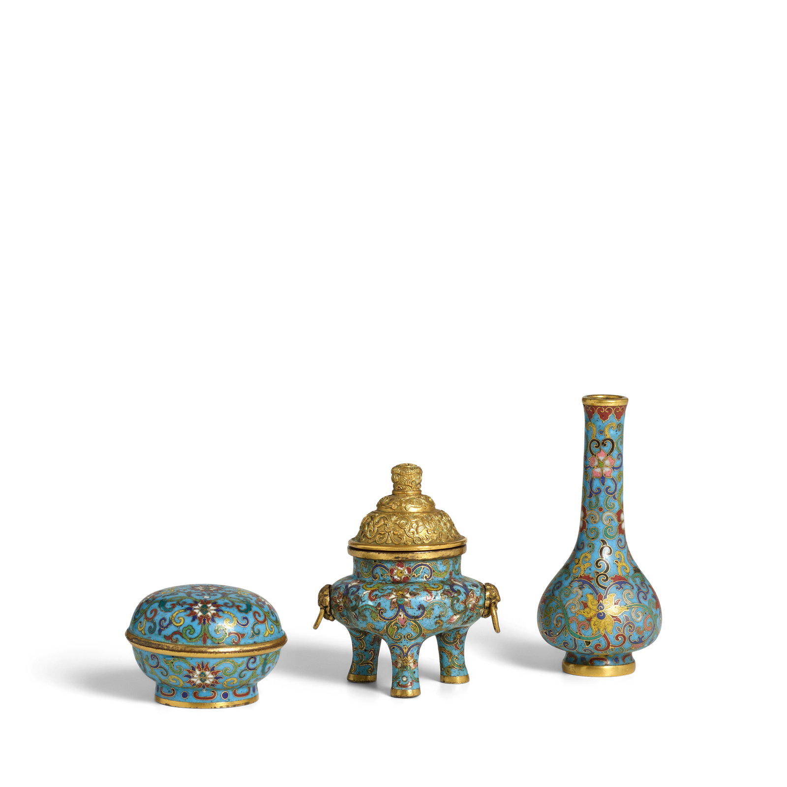 A THREE-PIECE CLOISONNÉ ENAMEL 'LOTUS' INCENSE SET The vase with Qianlong four-character ma...: A THREE-PIECE CLOISONNÉ ENAMEL 'LOTUS' INCENSE SET The vase with Qianlong four-character mark and of the period, together with a 'Thousand Character' wen mark; The censer 18th century with later 