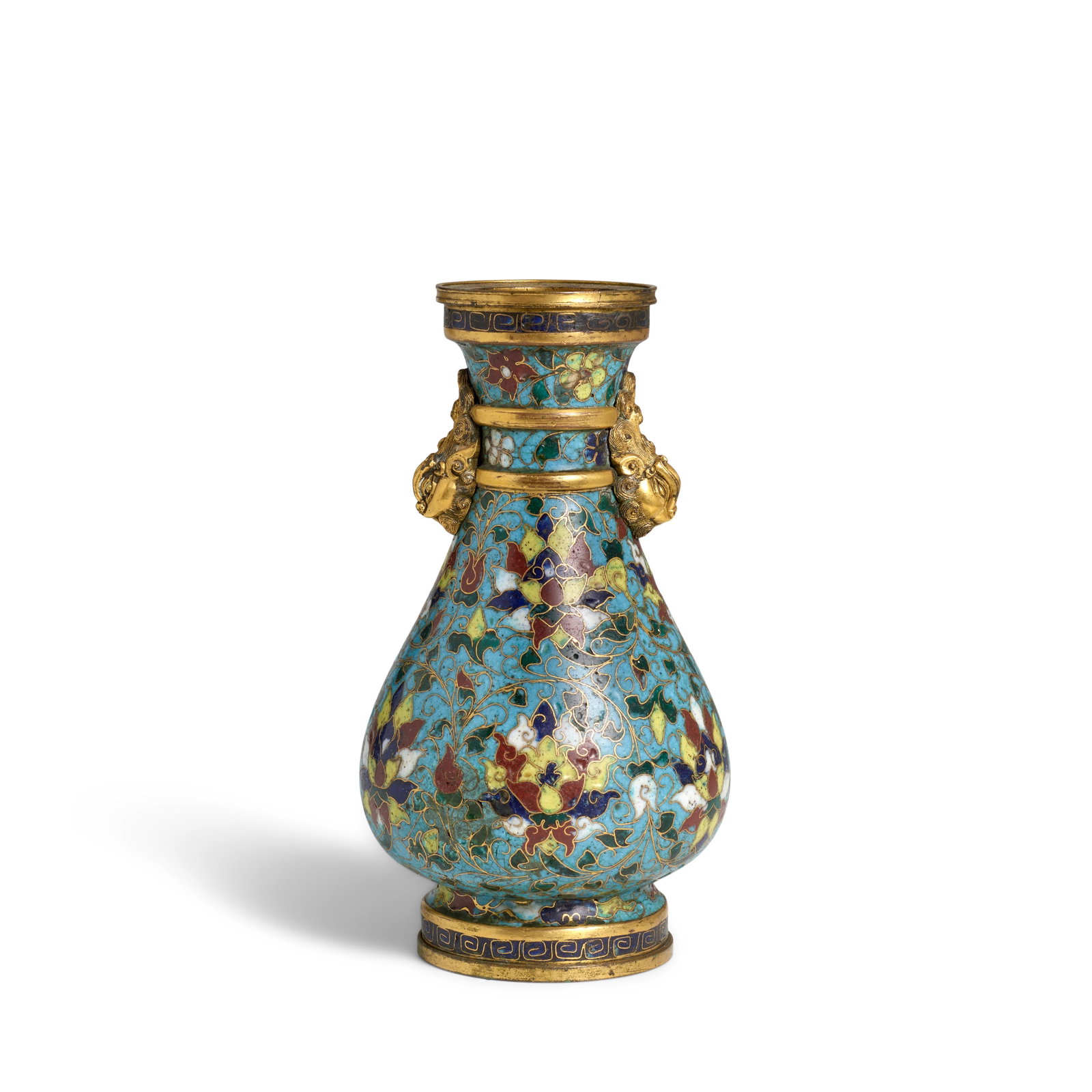 A CLOISONNÉ ENAMEL 'LOTUS' PEAR-SHAPED VASE 15th/16th century: A CLOISONNÉ ENAMEL 'LOTUS' PEAR-SHAPED VASE 15th/16th century The globular body rising from a stepped foot to a cylindrical neck with similarly stepped rim, enameled overall with a design of colo