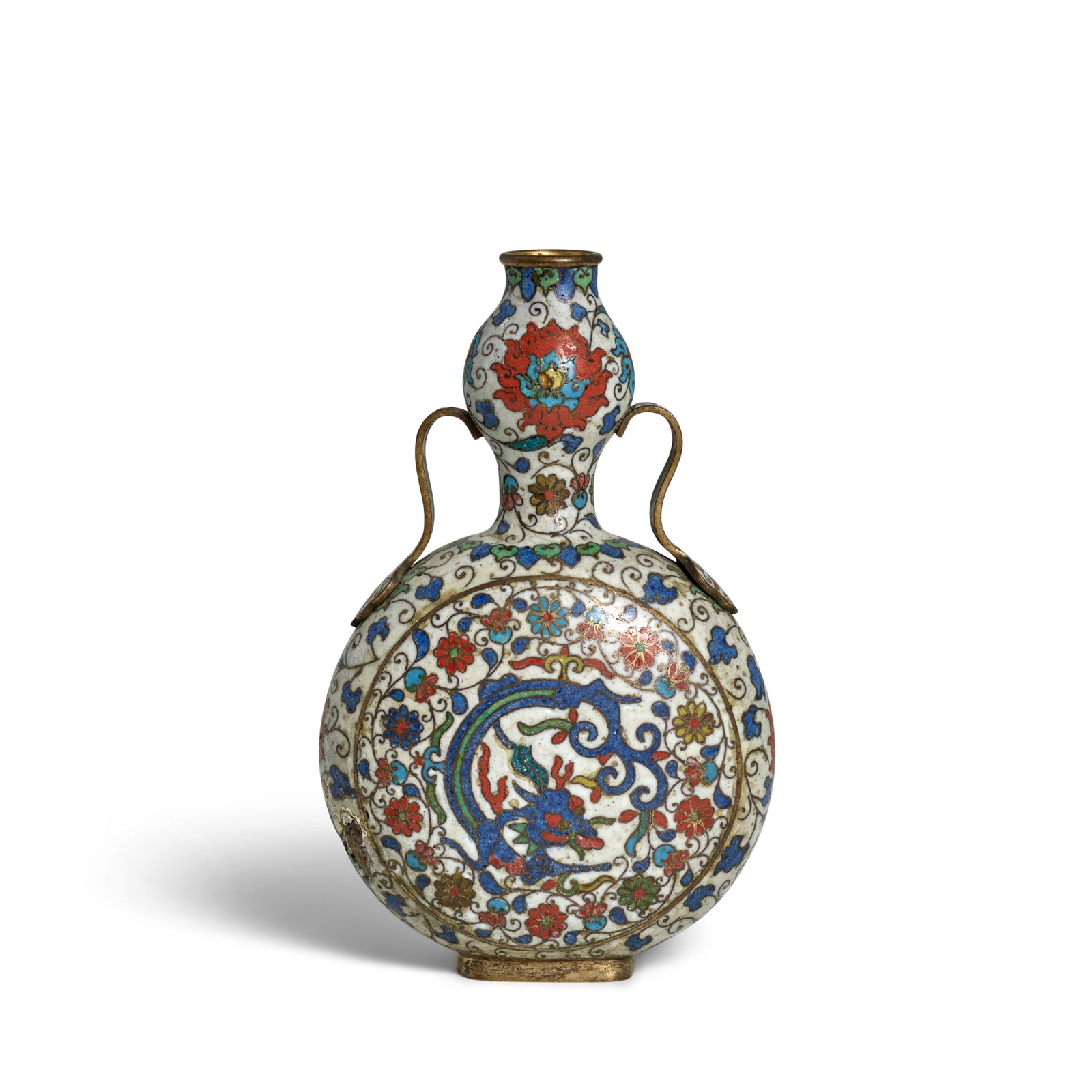 A RARE CLOISONNÉ ENAMEL WHITE-GROUND MOONFLASK Late Ming Dynasty: A RARE CLOISONNÉ ENAMEL WHITE-GROUND MOONFLASK Late Ming Dynasty Intricately enameled in the unusual white color, the flattened globular body rising from a short straight oval foot to a waisted g