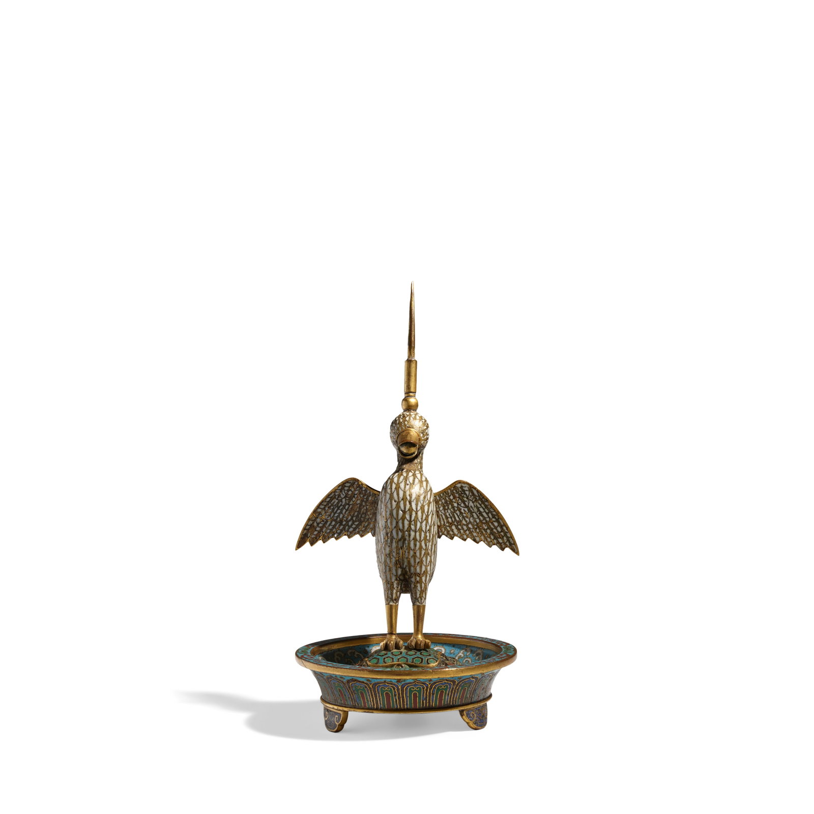 A CLOISONNÉ ENAMEL 'BIRD AND TORTOISE' PRICKET CANDLESTICK Qianlong period: A CLOISONNÉ ENAMEL 'BIRD AND TORTOISE' PRICKET CANDLESTICK Qianlong period Finely modelled with outstretched white enameled wings, the feathers well detailed in gilt wire, standing with gilt claw