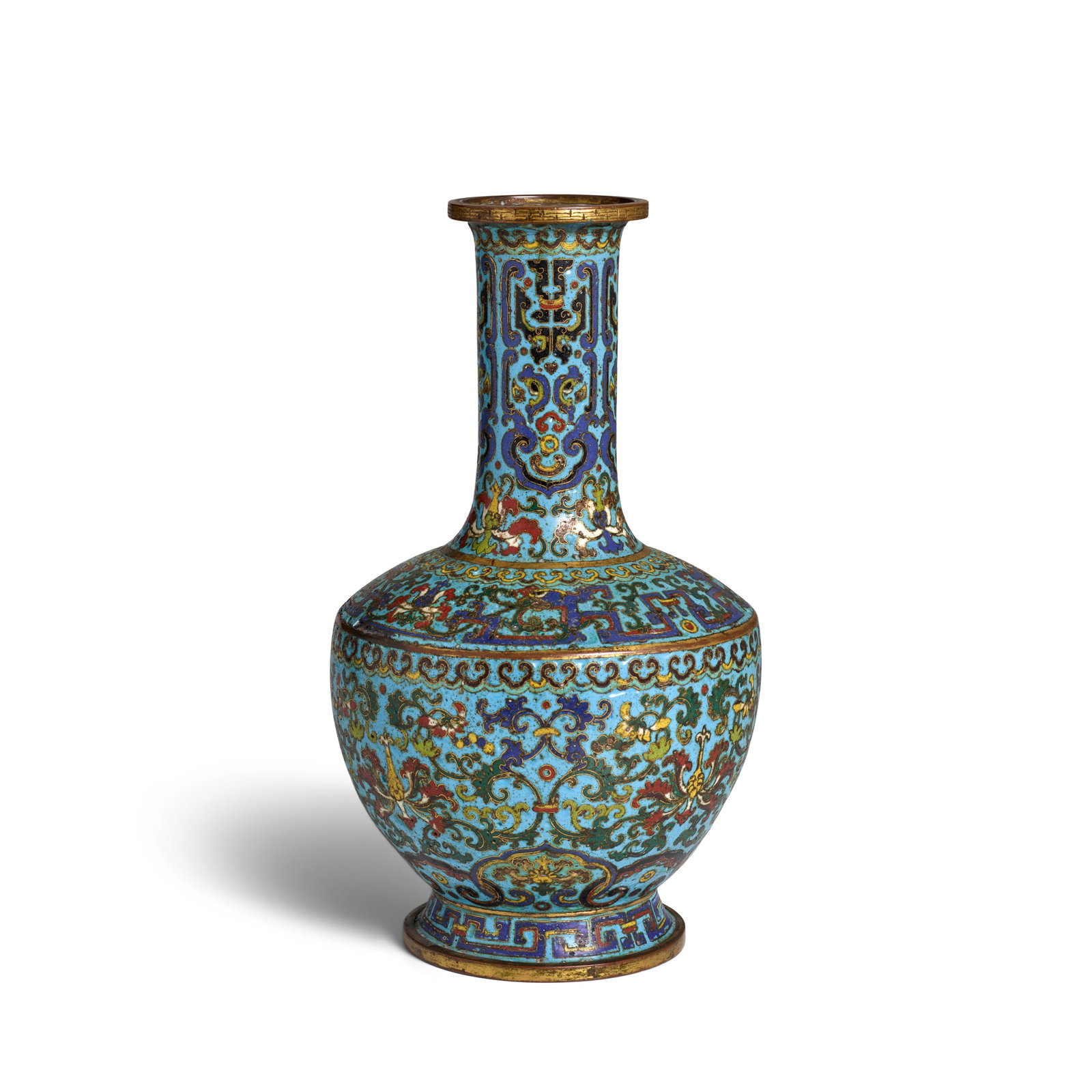 A CLOISONNÉ ENAMEL ARCHAISTIC 'MASK' BOTTLE VASE 18th century: A CLOISONNÉ ENAMEL ARCHAISTIC 'MASK' BOTTLE VASE 18th century Of globular shape rising to a tall neck and with a spreading foot, brightly decorated to the exterior with archaistic taotie scrolls 