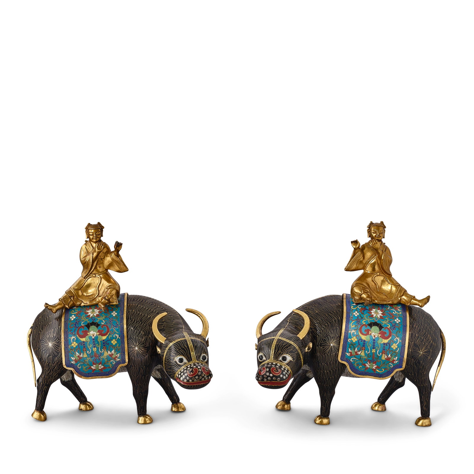 A PAIR OF CLOISONNÉ ENAMEL WATER BUFFALOES AND ATTENDANTS 19th century (2): A PAIR OF CLOISONNÉ ENAMEL WATER BUFFALOES AND ATTENDANTS 19th century The water buffalos modelled in mirror image, each standing with its head turned to one side, the black body inlaid with wavy