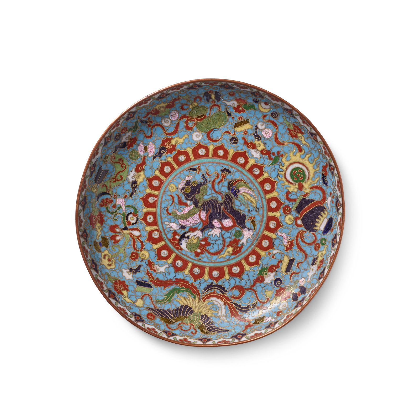 A CLOISONNÉ ENAMEL 'BUDDHIST LION' DISH 18th/19th century: A CLOISONNÉ ENAMEL 'BUDDHIST LION' DISH 18th/19th century Finely wrought with rounded up-turned rim, decorated in multi-colored enamels against a turquoise ground with a central Buddhist lion gra