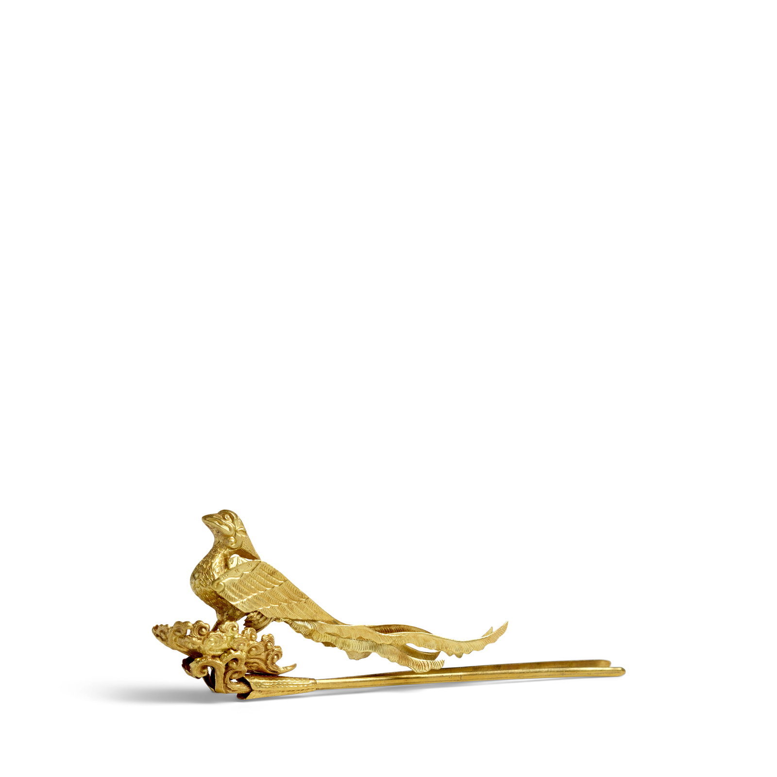 A GILT-SILVER REPOUSSÉ 'PHOENIX' HAIRPIN Liao Dynasty: A GILT-SILVER REPOUSSÉ 'PHOENIX' HAIRPIN Liao Dynasty The hairpin surmounted by a finely modelled phoenix perched on a scrolling cloud platform, its head proudly raised above a feathered crest, t