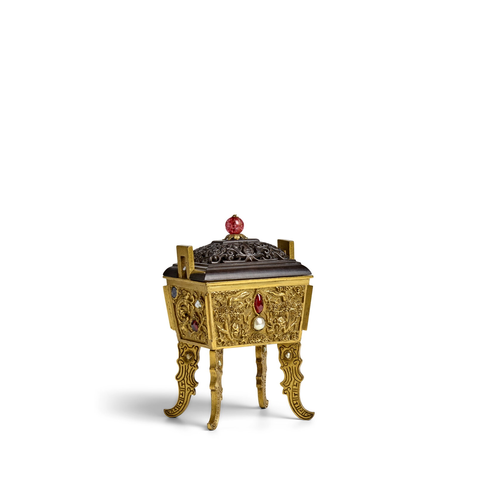 A GILT-BRONZE GEM-INSET 'DRAGON AND PHOENIX' RECTANGULAR CENSER, FANGDING 18th/19th century (wit...: A GILT-BRONZE GEM-INSET 'DRAGON AND PHOENIX' RECTANGULAR CENSER, FANGDING 18th/19th century Raised on four archaistic splayed legs issuing from stylized elephant heads, each inlaid with a pearl eye, t