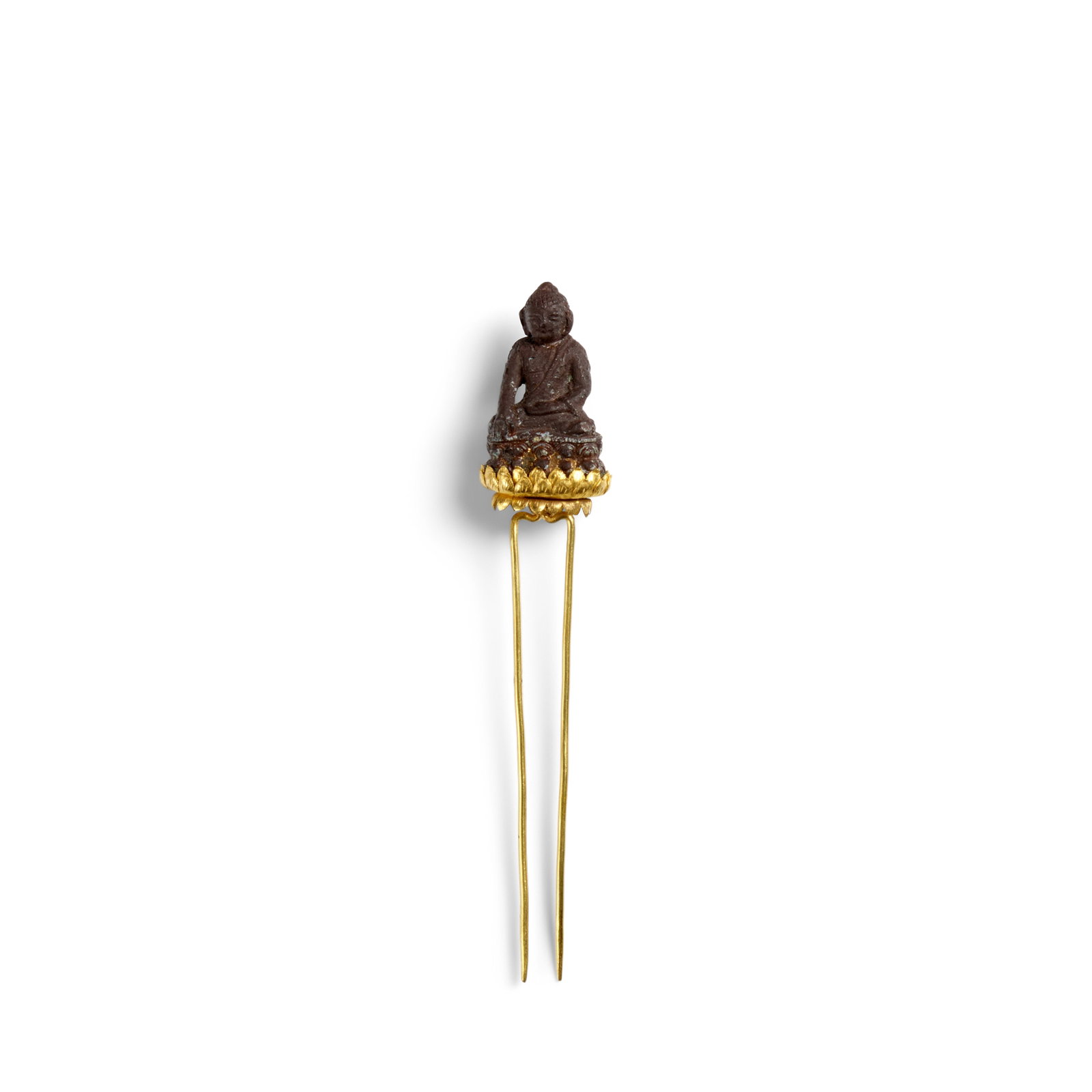 A BRONZE-BUDDHA-MOUNTED GOLD HAIRPIN Ming Dynasty (fitted display box): A BRONZE-BUDDHA-MOUNTED GOLD HAIRPIN Ming Dynasty The hairpin surmounted by a small bronze figure of Buddha raised on a finely pleated double lotus pedestal, issuing from the base a pair of long taper