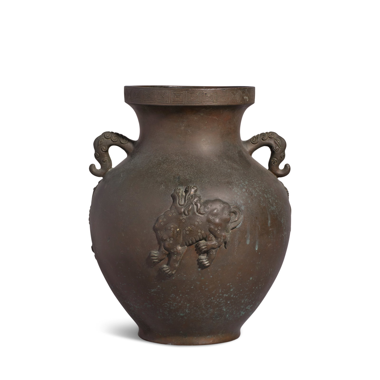 A BRONZE 'MYTHICAL BEAST' GLOBULAR VASE 17th century: A BRONZE 'MYTHICAL BEAST' GLOBULAR VASE 17th century The globular body rising to a stepped mouth with lei band and tapering to a slightly raised foot, applied on the sides with a pair of twin stylized