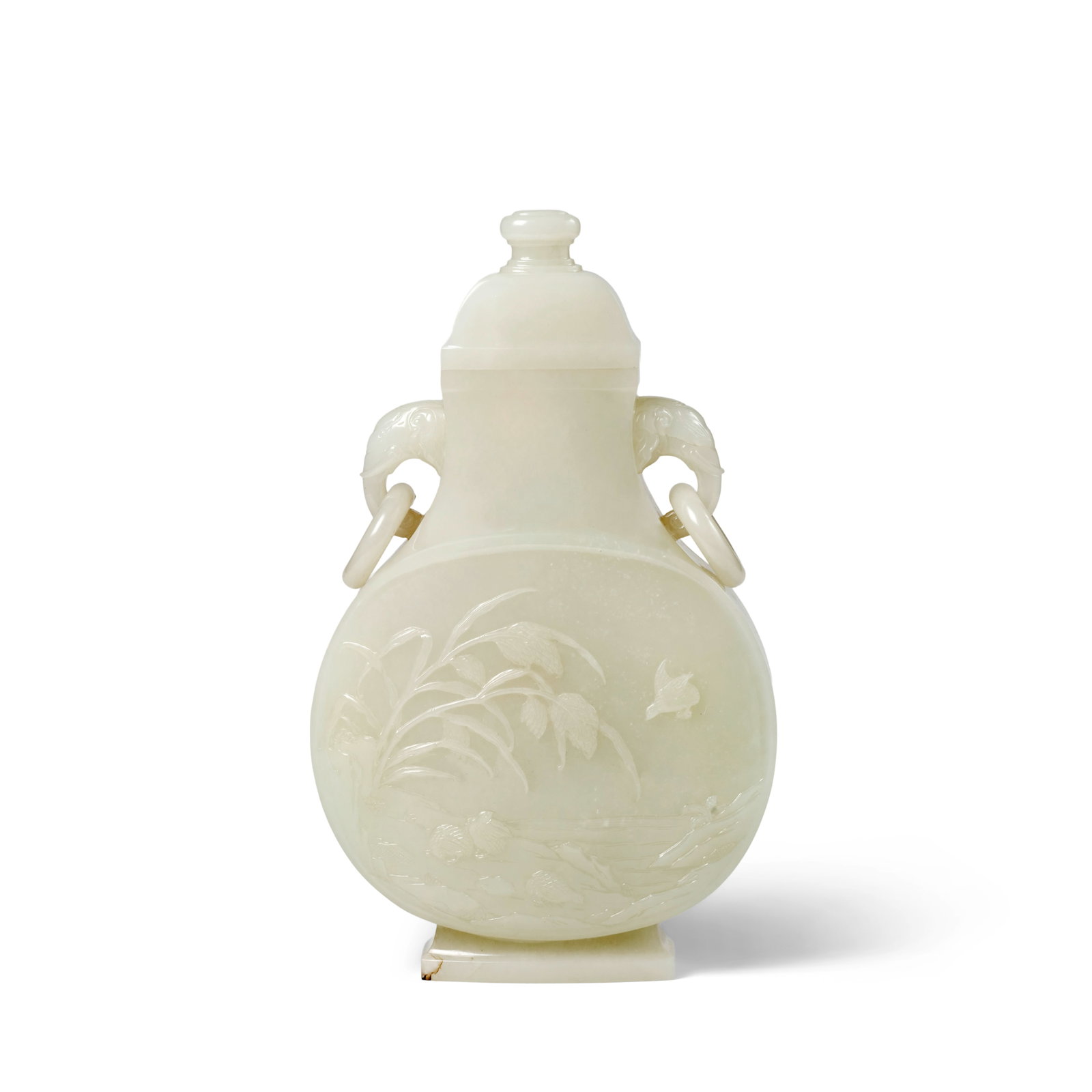 A WHITE JADE 'QUAILS AND MILET' VASE AND COVER 18th century (box): A WHITE JADE 'QUAILS AND MILET' VASE AND COVER 18th century Of flattened form rising from a slightly flaring stepped foot, each broad side finely carved in relief with a roundel depicting three quails