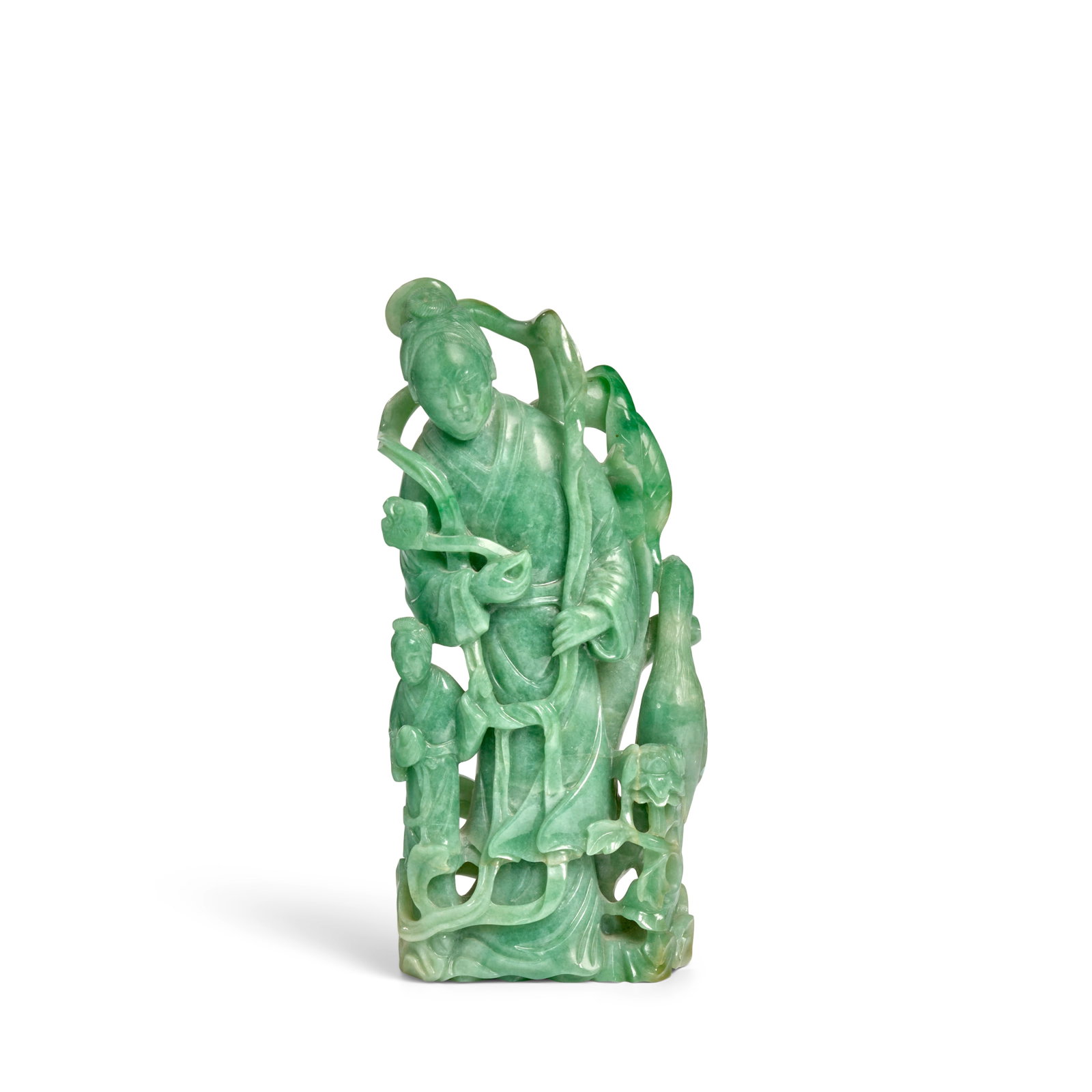 A FINE JADEITE FIGURE OF A FEMALE IMMORTAL 19th century: A FINE JADEITE FIGURE OF A FEMALE IMMORTAL 19th century Finely carved and pierced from a rectangular block of attractive even apple-green stone, the lady Immortal probably depicting Xiwangmu holding a