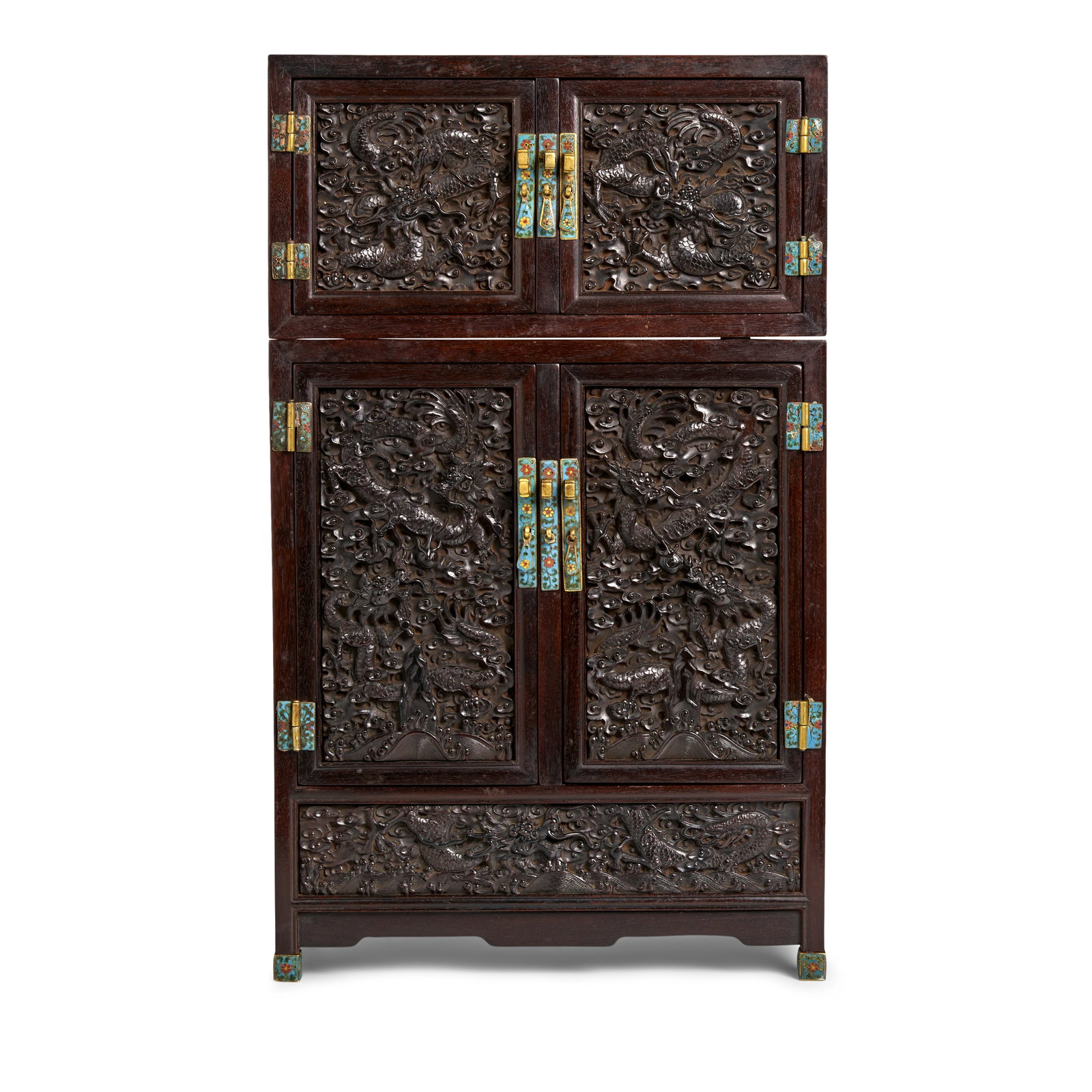 A MINIATURE ZITAN COMPOUND CABINET AND HAT CHEST, DINGXIANGGUI 18th/19th century (2): A MINIATURE ZITAN COMPOUND CABINET AND HAT CHEST, DINGXIANGGUI 18th/19th century Fitted with a pair of single-panel doors centered on a vertical stile, the cabinet open to reveal shelved interior, the