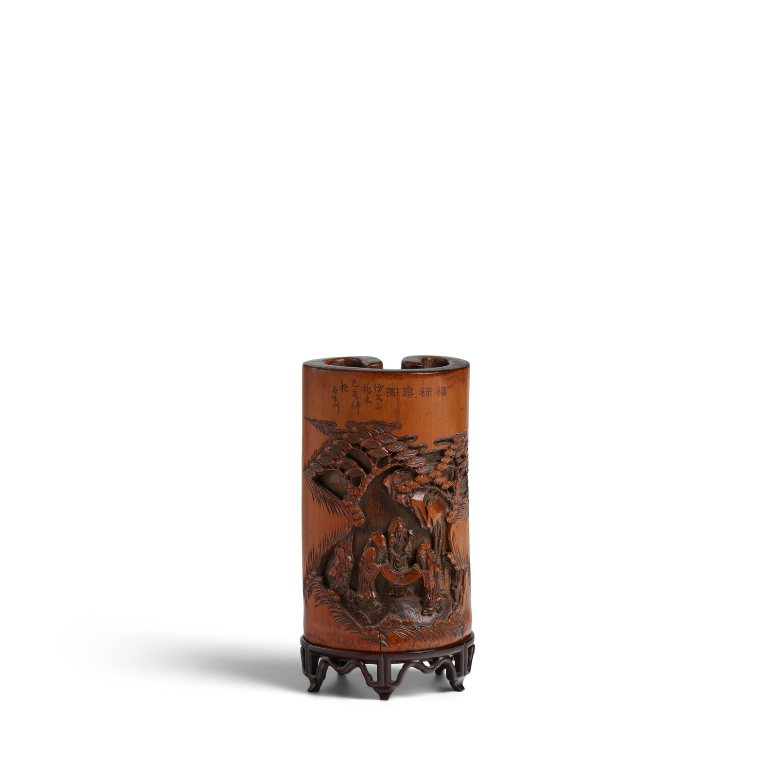 A CARVED BAMBOO 'SANXING' ORNAMENT 19th century, signed Shi Sheng, inscribed Ji Hai (1839 or 189...: A CARVED BAMBOO 'SANXING' ORNAMENT 19th century, signed Shi Sheng, inscribed Ji Hai (1839 or 1899) Depicted in high relief, the Gods of Fortune, Prosperity, and Longevity viewing the long scroll toget