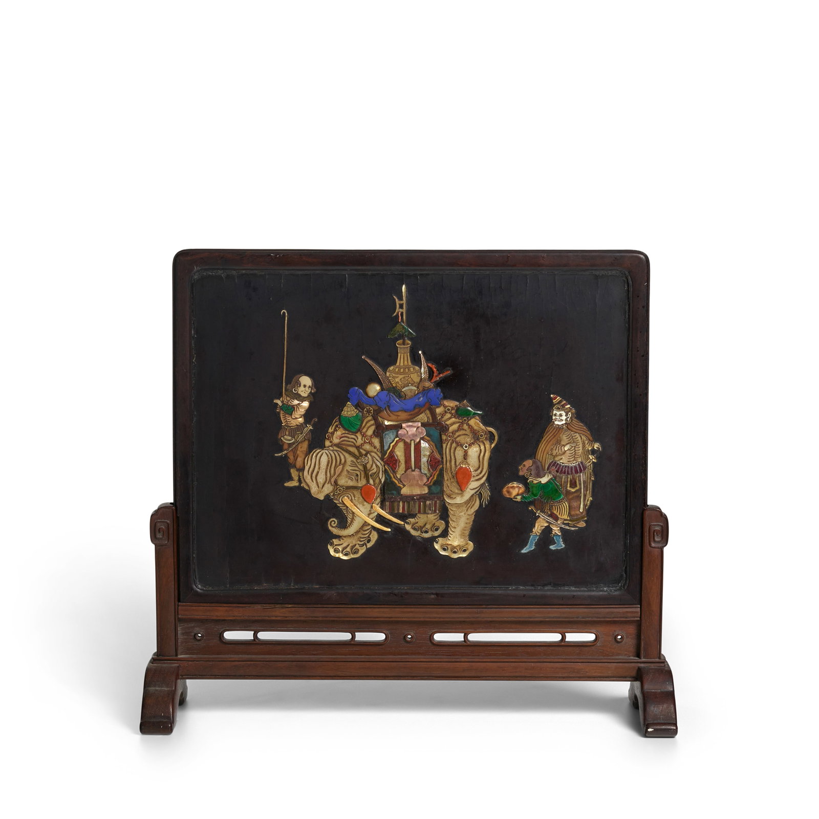 A LACQUERED WOOD GEM-EMBELLISHED 'FOREIGNERS AND ELEPHANT' TABLE SCREEN Qianlong period (later m... (1 of 1)