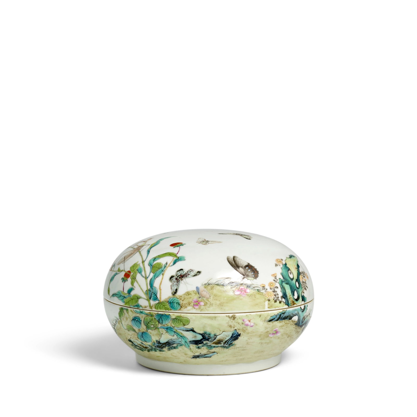 A FAMILLE-ROSE 'BUTTERFLY AND FLOWER' CIRCULAR BOX AND COVER Shendetang zhi mark, Daoguang period: A FAMILLE-ROSE 'BUTTERFLY AND FLOWER' CIRCULAR BOX AND COVER Shendetang zhi mark, Daoguang period Of rounded cushion form, finely enameled depicting butterflies and a mantis amidst flowering branches 