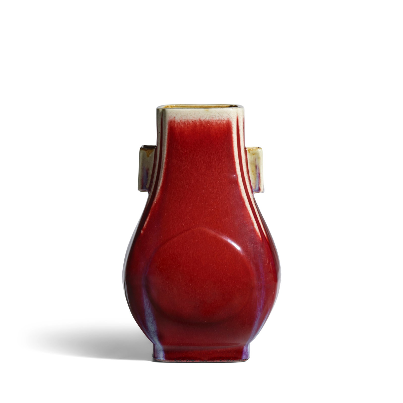 A FLAMBÉ-GLAZED VASE, FANGHU Jiaqing six-character seal mark and of the period: A FLAMBÉ-GLAZED VASE, FANGHU Jiaqing six-character seal mark and of the period The body tapers towards the quatrefoil mouth rim and is molded on the wider sides with a peach-shaped panel, and fla