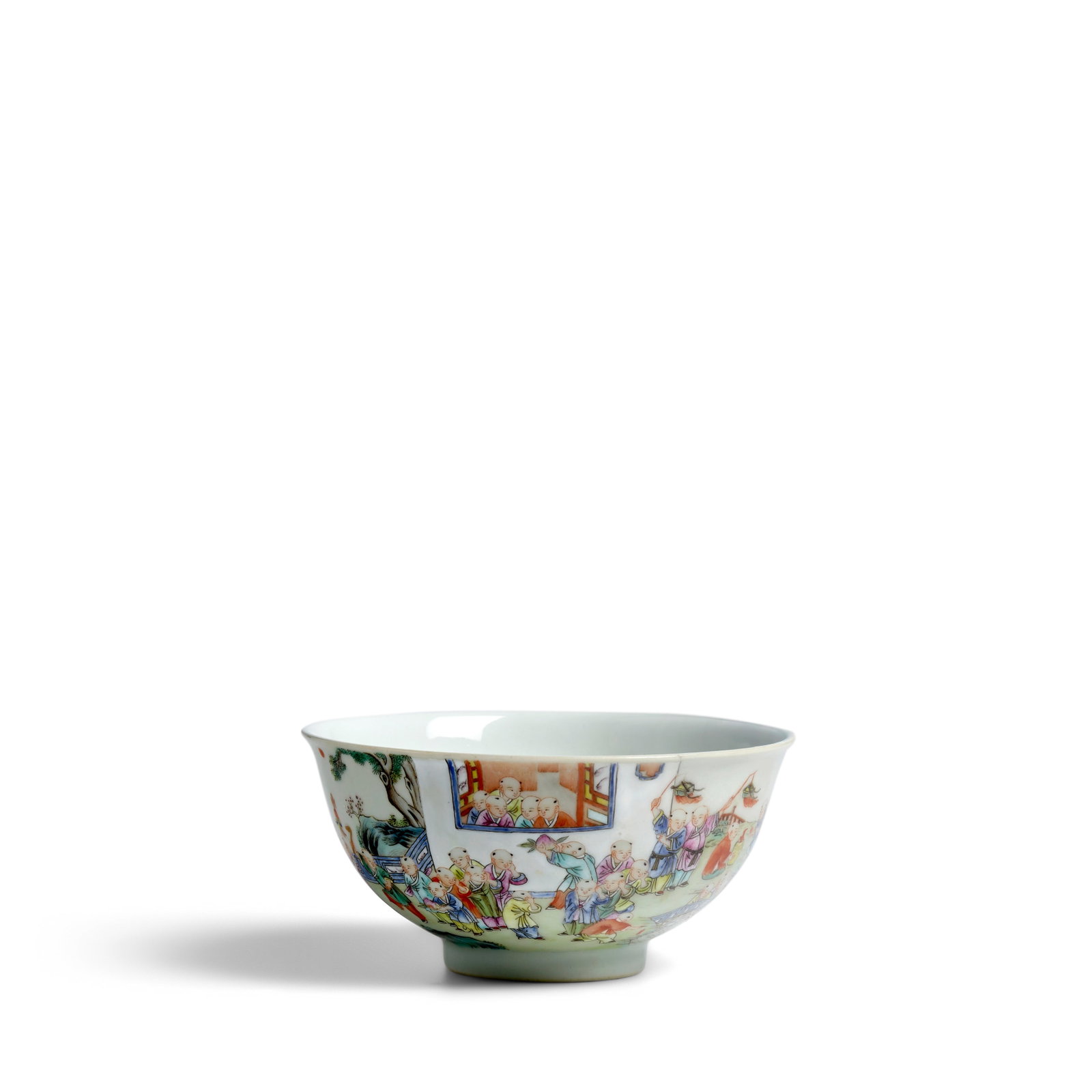 A FAMILLE-ROSE 'HUNDRED BOYS' BOWL Jiaqing six-character iron-red mark and of the period: A FAMILLE-ROSE 'HUNDRED BOYS' BOWL Jiaqing six-character iron-red mark and of the period Finely enameled around the exterior of the deep U-shaped bowl with a continuous scene of boys at play, dressed 