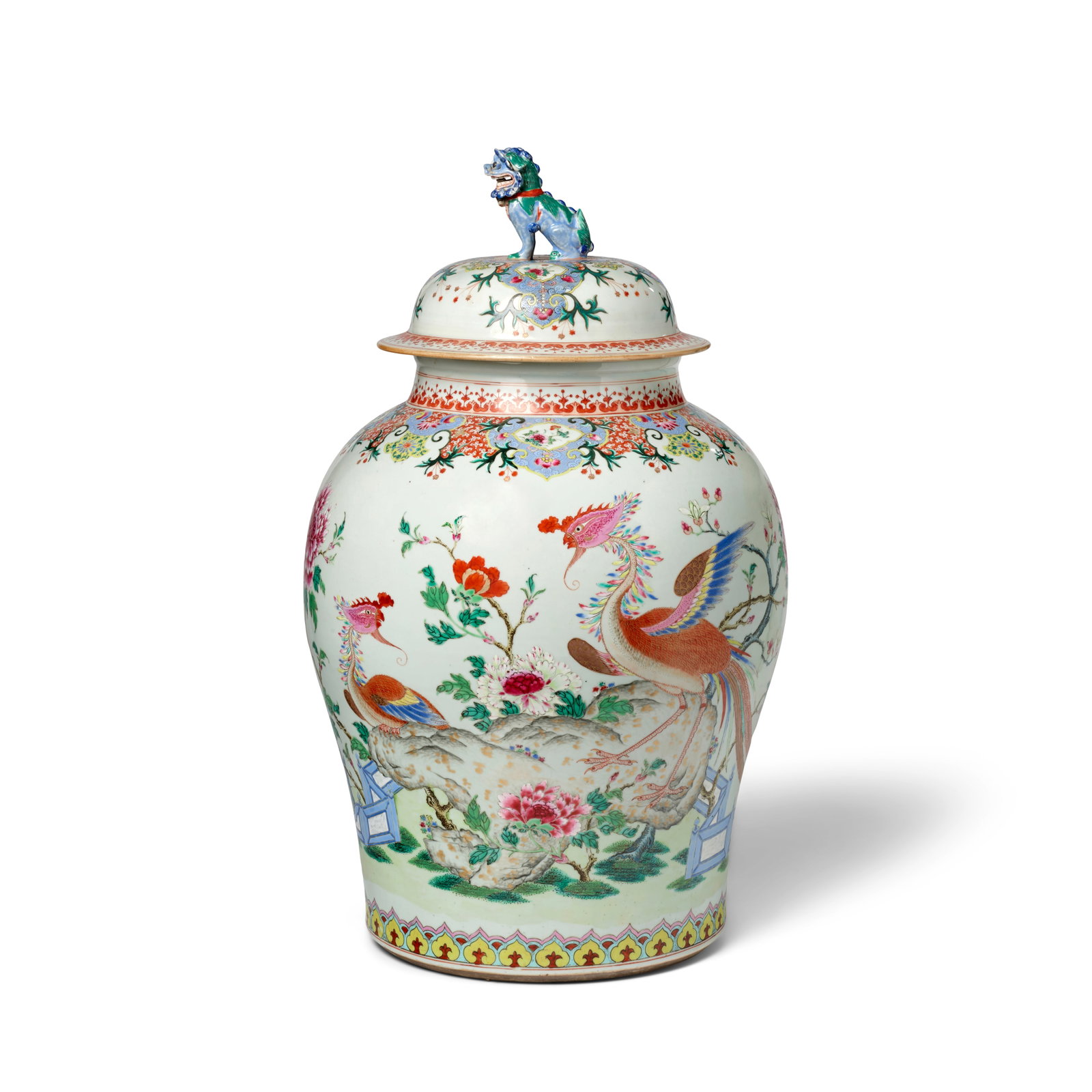 A FAMILLE-ROSE 'PHOENIX' BALUSTER JAR AND COVER Qianlong period: A FAMILLE-ROSE 'PHOENIX' BALUSTER JAR AND COVER Qianlong period Brightly enameled on the broad body with a tall exotic long-tailed phoenix with open wings standing on rockwork beside a large tree peon