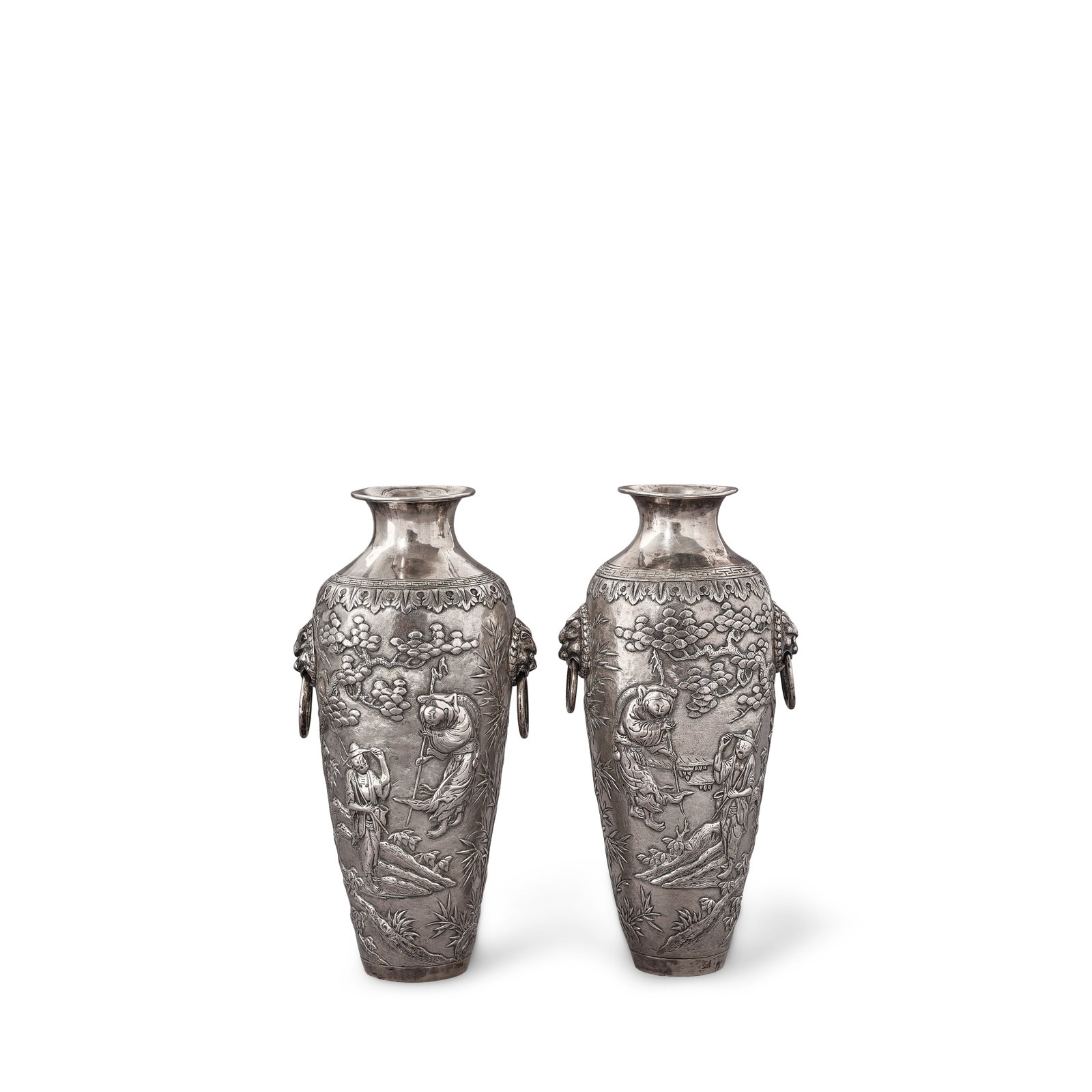 TWO SILVER 'FIGURAL' HANDLED VASES 19th century (2): TWO SILVER 'FIGURAL' HANDLED VASES 19th century Each vase chased with a pavilion scene with two female figures on the one side, and a farming scene with two male figures on the other, applied to the s