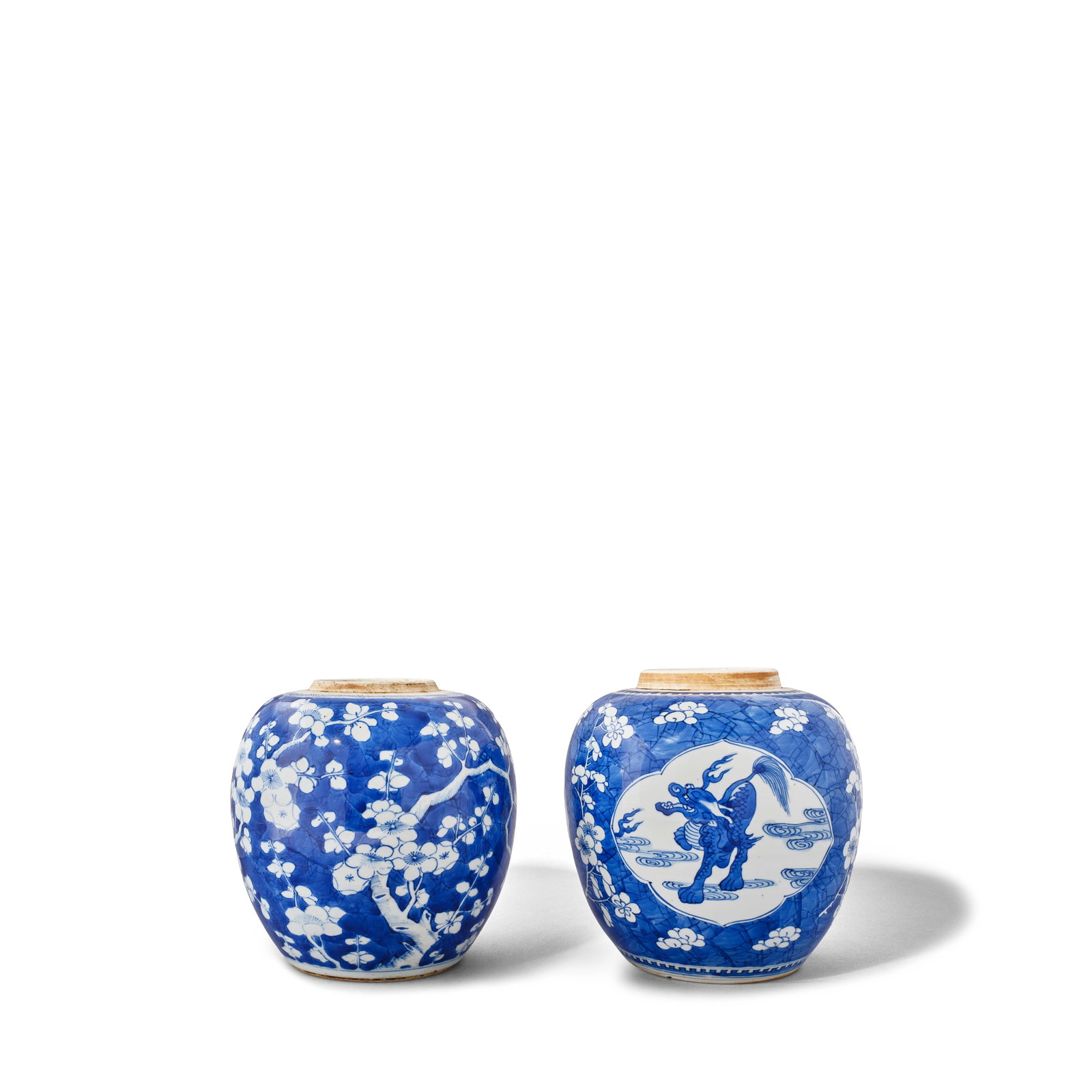 TWO BLUE AND WHITE JARS Kangxi period (2, each with wood cover and stand) (1 of 1)
