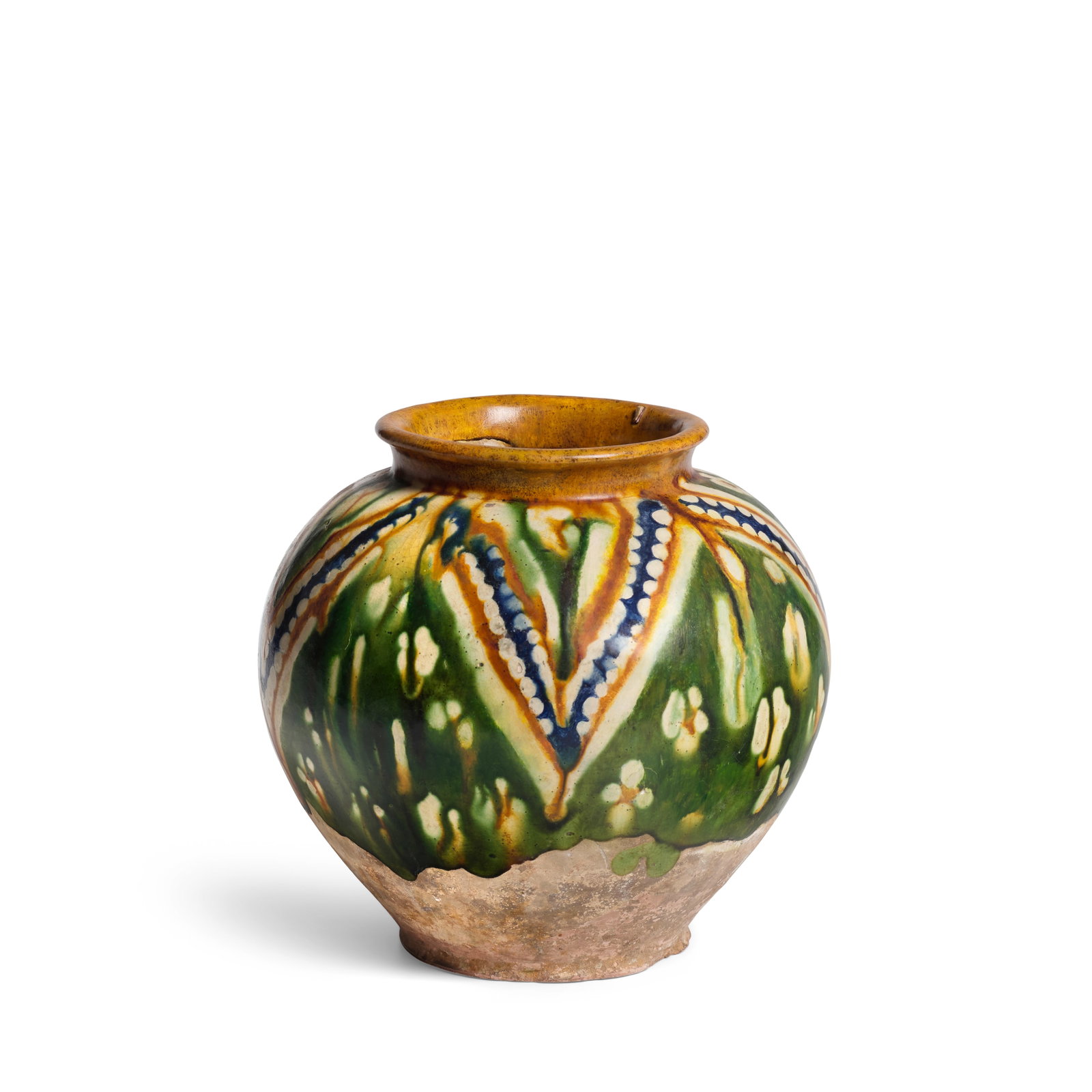 A SANCAI AND BLUE-GLAZED GLOBULAR JAR Tang Dynasty (1 of 1)
