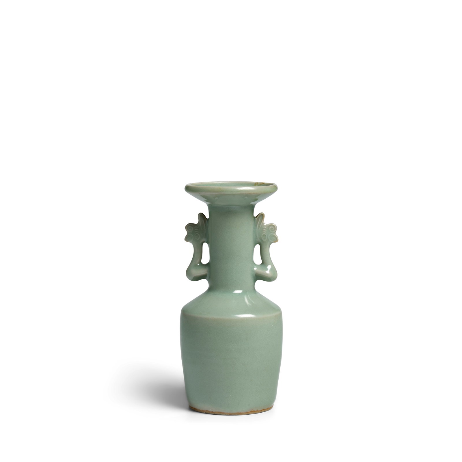 A LONGQUAN CELADON PHOENIX-HANDLED MALLET VASE Southern Song Dynasty (brocade fitted box): A LONGQUAN CELADON PHOENIX-HANDLED MALLET VASE Southern Song Dynasty The cylindrical body slightly tapering down to an indented foot, the sloping shoulders surmounting a slender neck flanked by a pair