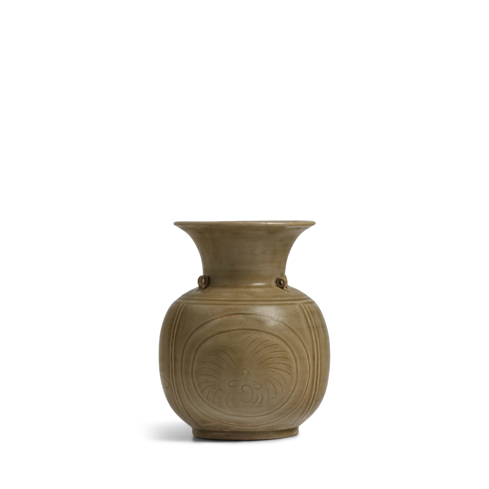 A RARE INCISED YUE CELADON JAR WITH LOOP HANDLES Five Dynasties/Northern Song Dynasty (1 of 1)