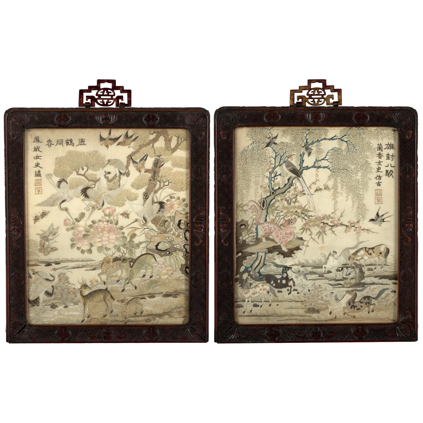 TWO SILK EMBROIDERED 'AUSPICIOUS ANIMALS' PANELS Late Qing Dynasty (2): TWO SILK EMBROIDERED 'AUSPICIOUS ANIMALS' PANELS Late Qing Dynasty Each finely worked in polychrome silk threads in satin stitch on a pale-yellow silk ground and mounted within a carved hardwood frame