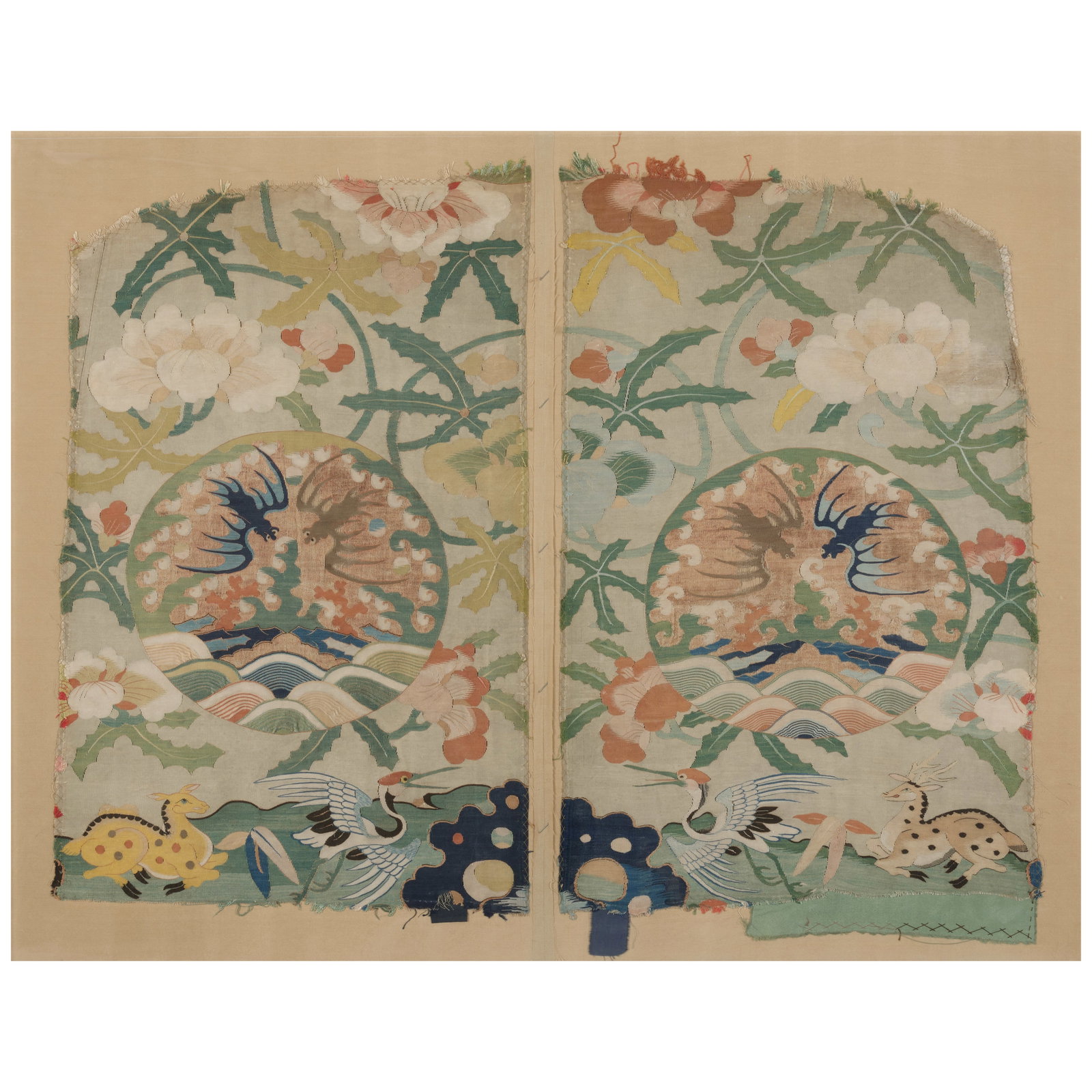 A PAIR OF KESI 'BATS, DEER AND CRANE' PANELS 17th/18th century (acrylic frame) (1 of 1)