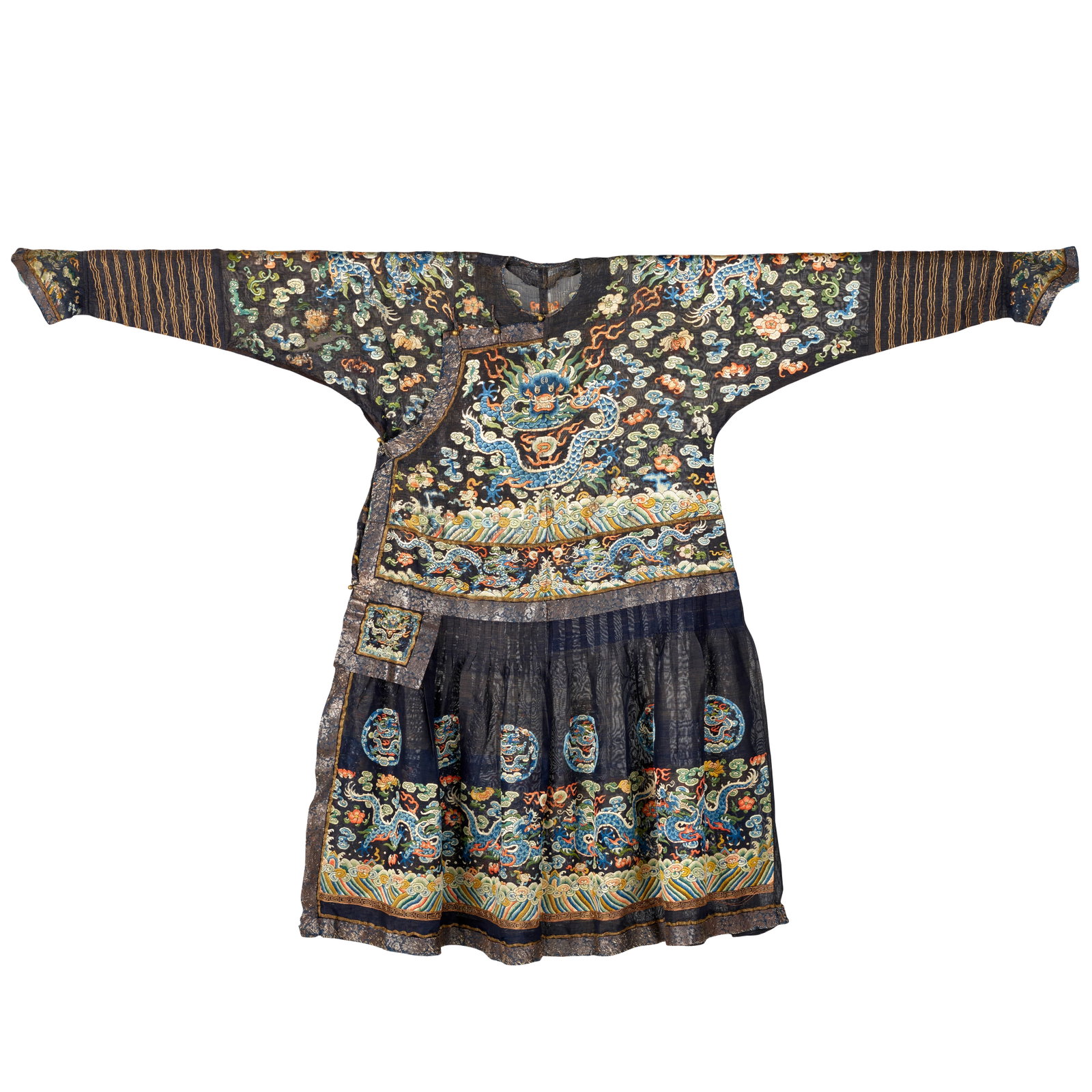A MIDNIGHT-BLUE EMBROIDERED GAUZE COURT ROBE, CHAO PAO 19th century: A MIDNIGHT-BLUE EMBROIDERED GAUZE COURT ROBE, CHAO PAO 19th century Finely worked in polychrome silk threads and couched gilt thread, the upper robe centered with a frontal five-clawed dragon above th