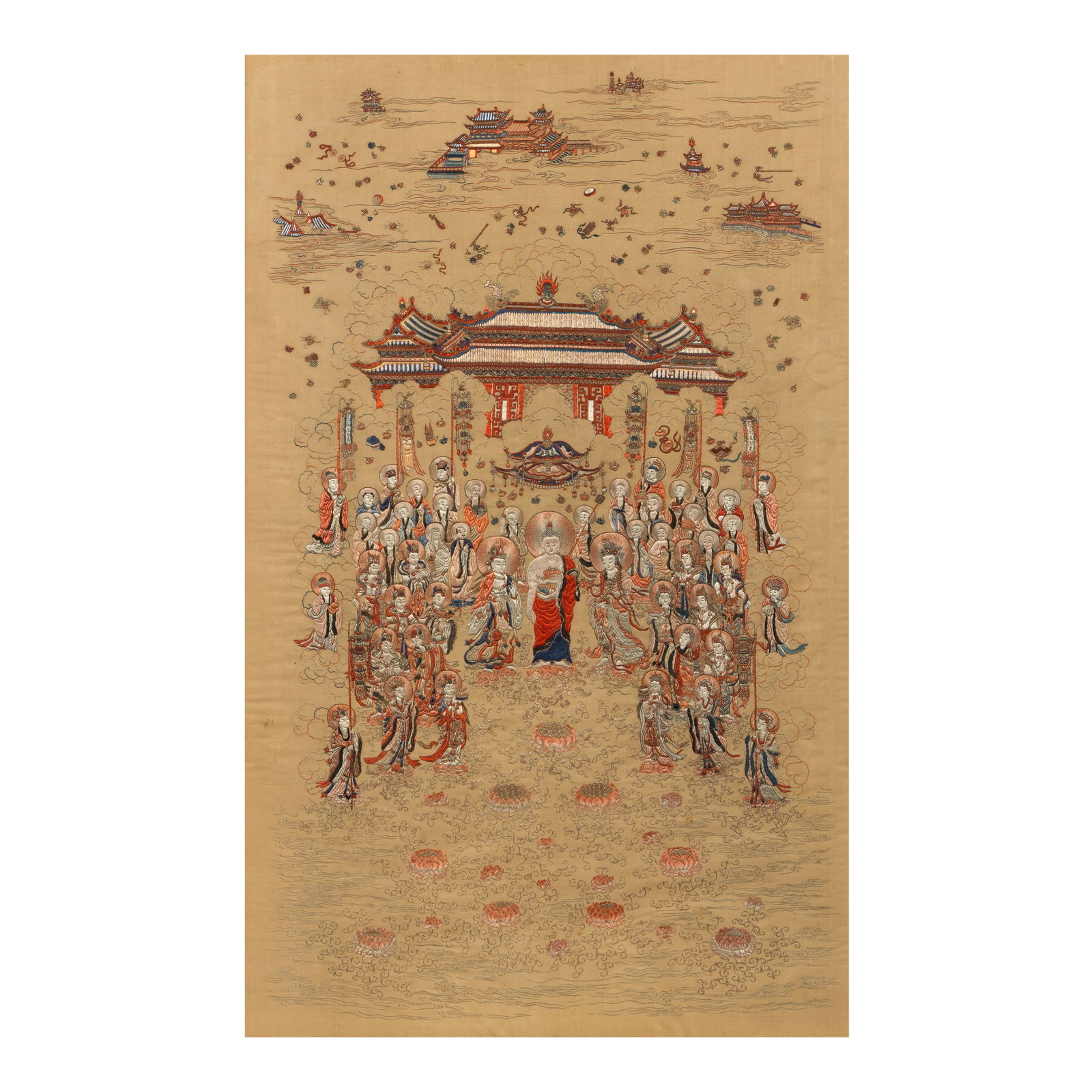 AN EMBROIDERED SILK 'BUDDHIST PROCESSION' PANEL Late Qing dynasty/Republic period (1 of 1)