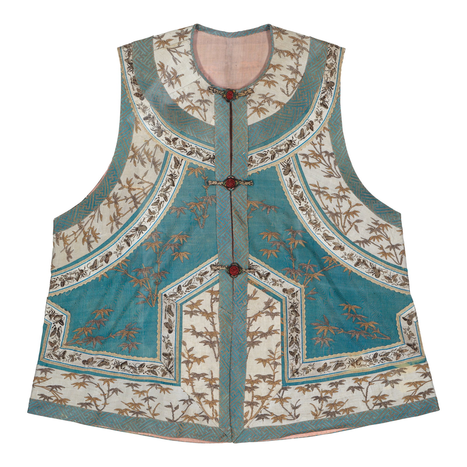 A TURQUOISE-GROUND KESI 'BAMBOO' VEST, KANJIAN Late 19th/early 20th century (framed and glazed): A TURQUOISE-GROUND KESI 'BAMBOO' VEST, KANJIAN Late 19th/early 20th century The vest opening at the front with a short slit at the lower back, finely woven with gilt-embellished bamboo sprays against 