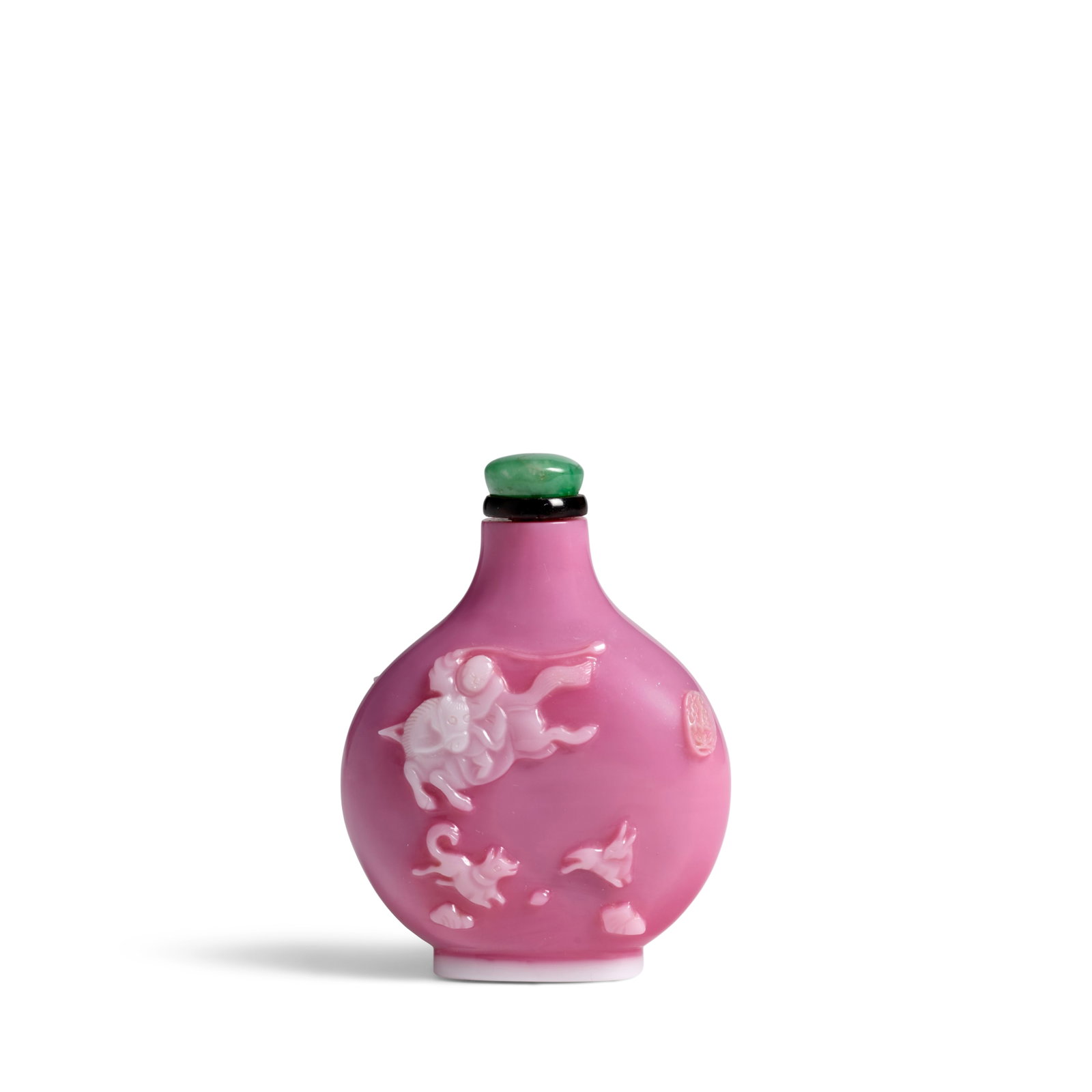 A FINE AND RARE WHITE OVERLAY PINK GLASS 'OX AND CART' SNUFF BOTTLE Li Junting, Yangzhou School,...: A FINE AND RARE WHITE OVERLAY PINK GLASS 'OX AND CART' SNUFF BOTTLE Li Junting, Yangzhou School, dated Spring 1821 and with seal mark Wei Zhi Of rounded medallion form tapering to a slender, cylindric