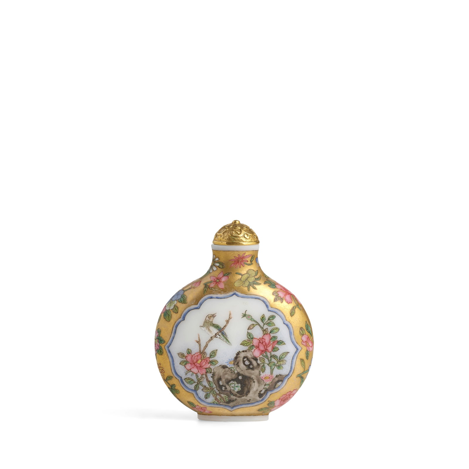 A FAMILLE-ROSE 'BIRD AND FLOWER' ENAMELED GLASS SNUFF BOTTLE Attributed to Ye Bengqi (active 193... (1 of 1)