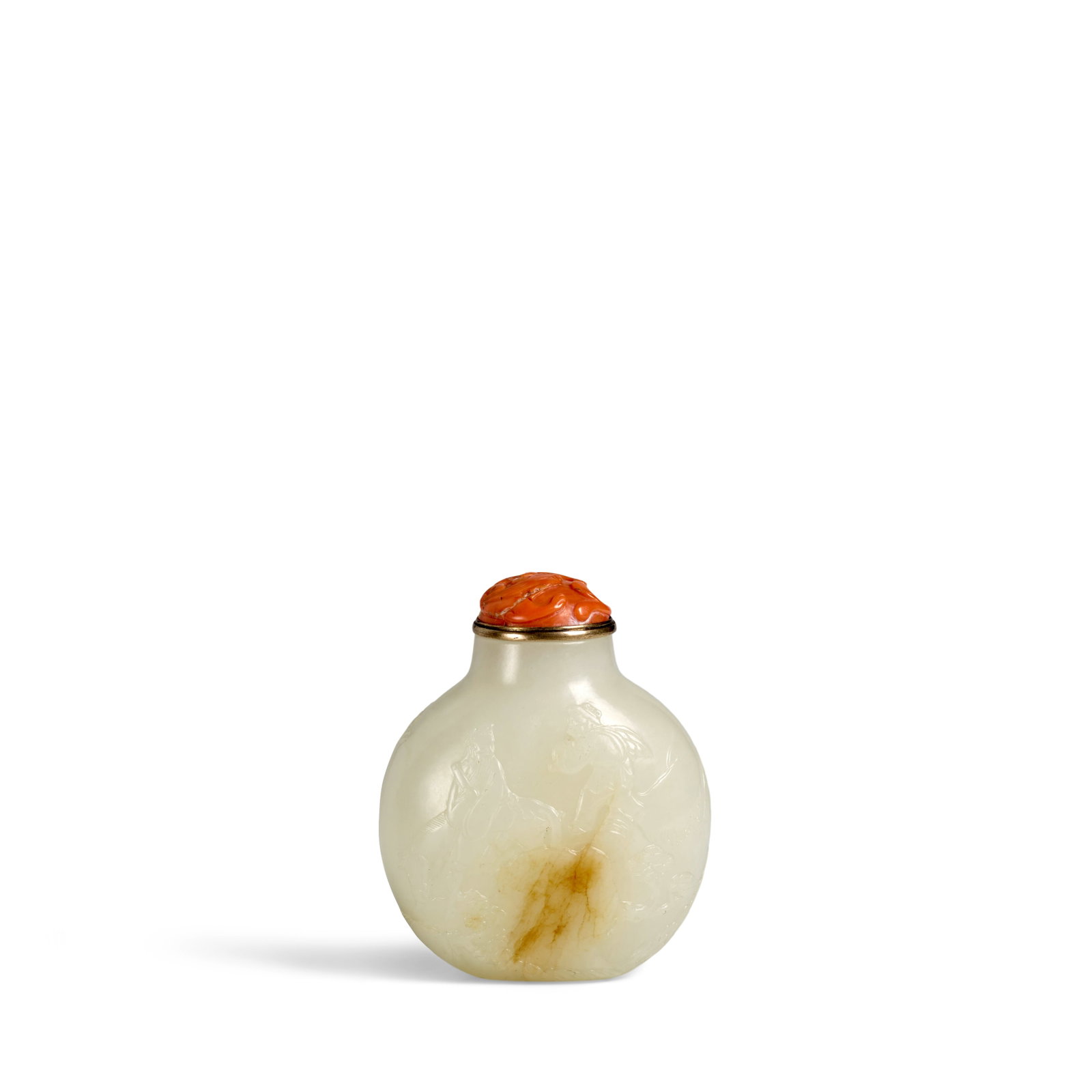 AN IMPORTANT AND EXCEPTIONAL WHITE JADE SNUFF BOTTLE Suzhou, 1700-1780: AN IMPORTANT AND EXCEPTIONAL WHITE JADE SNUFF BOTTLE Suzhou, 1700-1780 Of bulbous circular form tapering to an oval neck, flat rim and small mouth opening, carved with a luohan seated on a rocky outcr