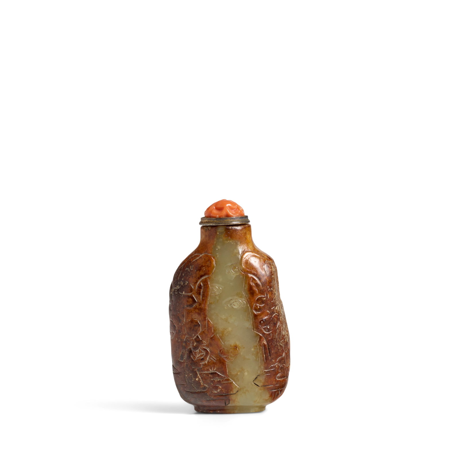 AN UNUSUAL CARVED YELLOW JADE SNUFF BOTTLE Master of the Rocks School, 1780-1850 (1 of 1)