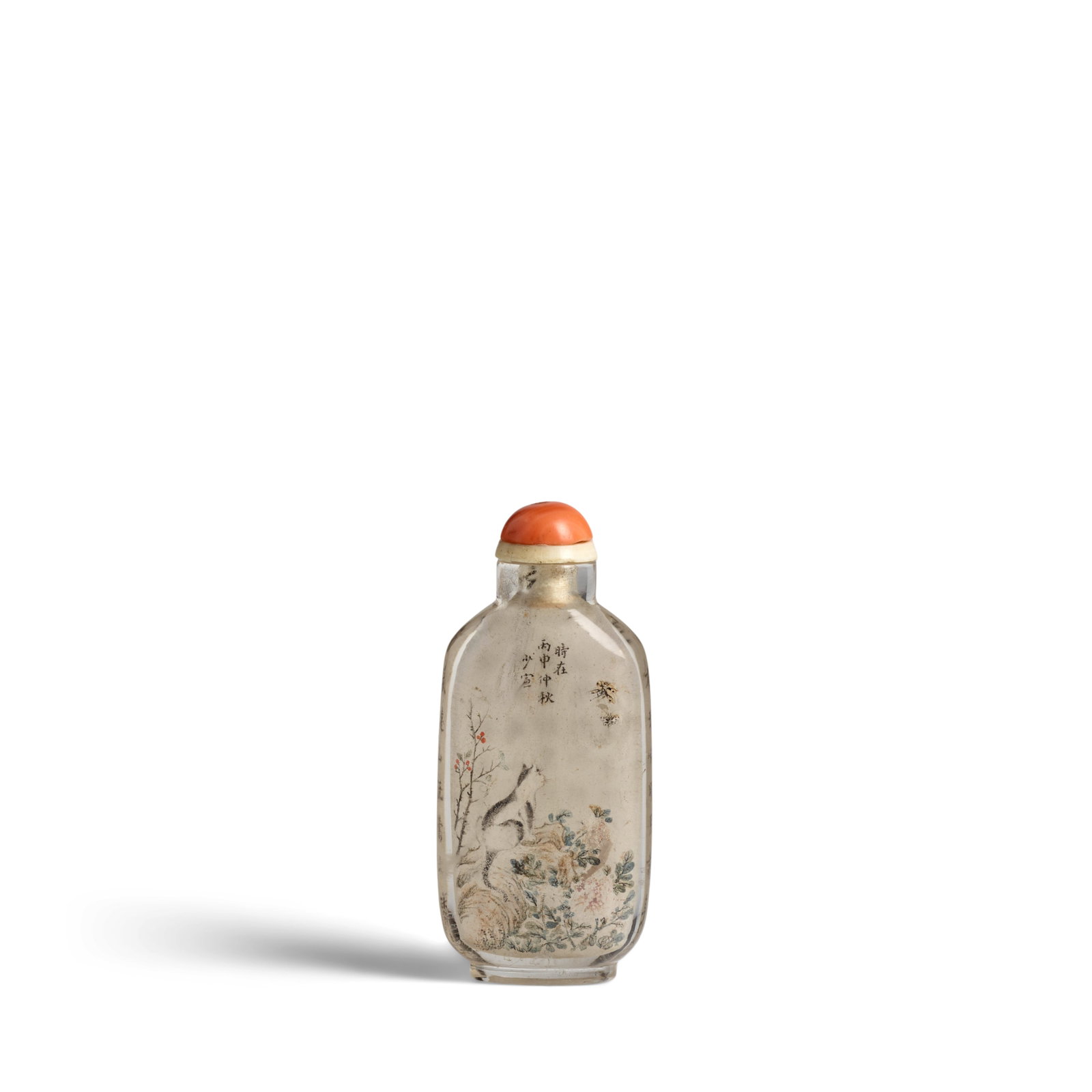 AN INSIDE-PAINTED CRYSTAL SNUFF BOTTLE Signed Shaoxuan and dated bingshen year, corresponding to...: AN INSIDE-PAINTED CRYSTAL SNUFF BOTTLE Signed Shaoxuan and dated bingshen year, corresponding to 1896 The high-shouldered slender bottle supported by an oval recessed foot, oval neck, flat rim and ape