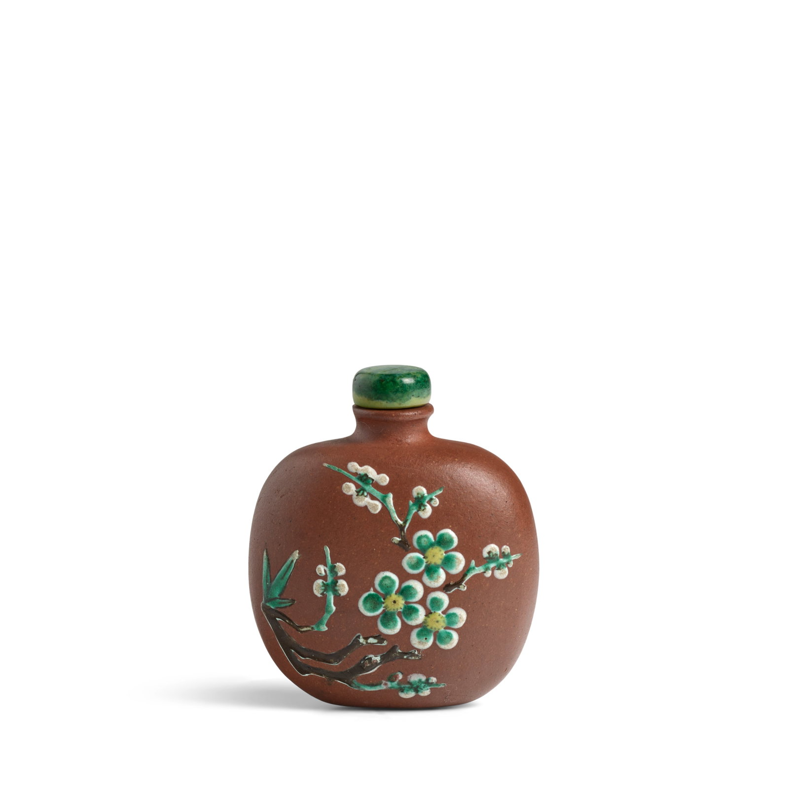 AN ENAMELLED YIXING 'SHOU' SNUFF BOTTLE 1880-1940: AN ENAMELLED YIXING 'SHOU' SNUFF BOTTLE 1880-1940 The rounded high-shouldered ovoid bottle raised on a flat oval foot, decorated on one face with a bountiful cluster of plum blossoms issuing from stur
