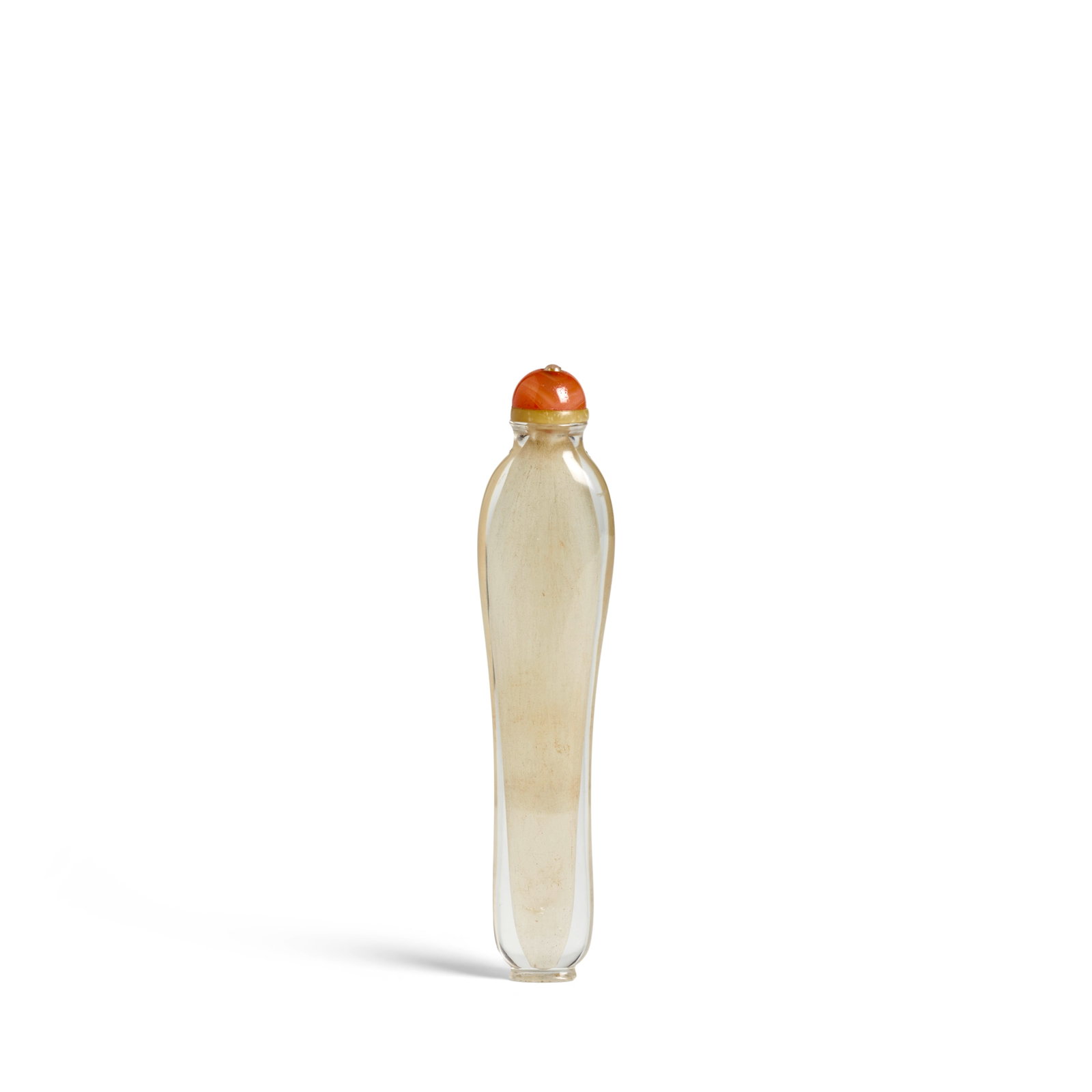 AN UNUSUAL ROCK CRYSTAL SNUFF BOTTLE 19th century: AN UNUSUAL ROCK CRYSTAL SNUFF BOTTLE 19th century Of slender, elongated shape and supported by a small, flared flat-cut foot, the brilliant semi-translucent bottle with a balanced silhouette, tapering