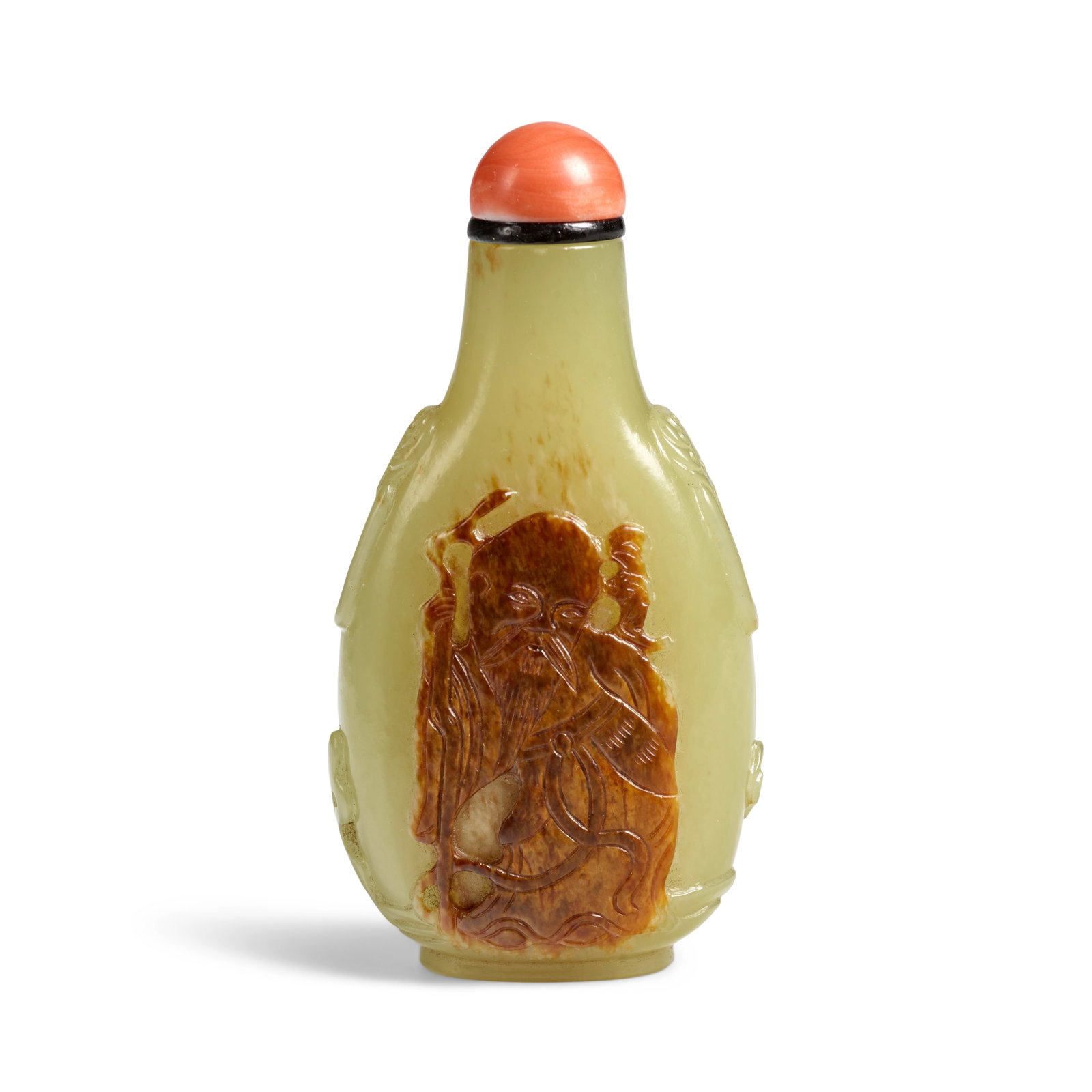 A FINE AND ELEGANT YELLOW JADE AND RUSSET SKIN SNUFF BOTTLE Master of the Rocks School, 1736-1795: A FINE AND ELEGANT YELLOW JADE AND RUSSET SKIN SNUFF BOTTLE Master of the Rocks School, 1736-1795 Of pear shape with straight mouth rim and small aperture, the long neck set off by carved mock lion ma