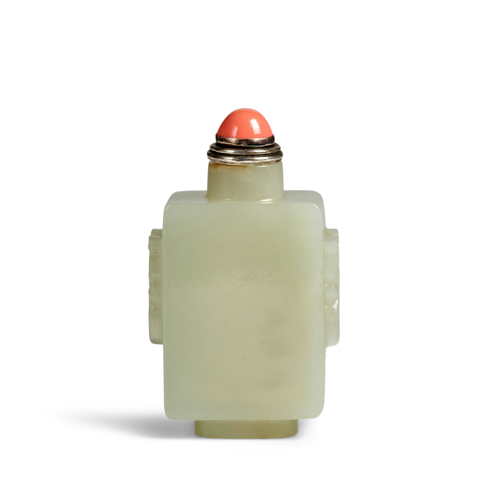 A FINE WHITE JADE SNUFF BOTTLE 1750-1820: A FINE WHITE JADE SNUFF BOTTLE 1750-1820 Of flat, rectangular form with rounded shoulders, tapered cylindrical neck, small, flat mouth opening with a tinge of russet at the rim, the surface with a bri