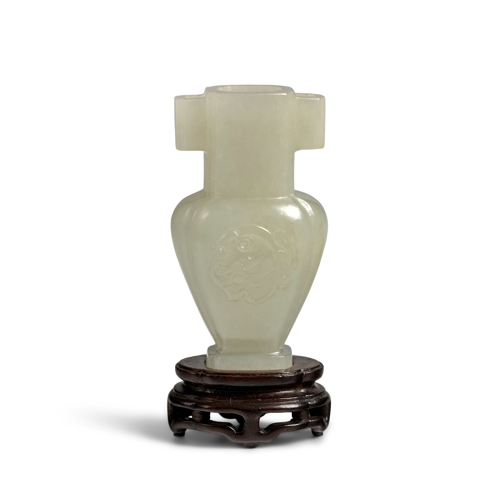 A WHITE JADE MINIATURE 'CHILONG' HANDLED VASE 19th century (wood stand) (1 of 1)