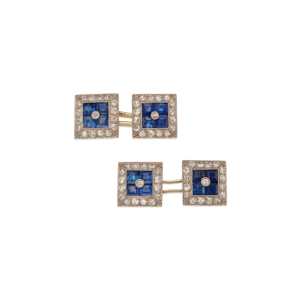 SAPPHIRE AND DIAMOND CUFFLINKS: SAPPHIRE AND DIAMOND CUFFLINKS • Platinum and 18K white gold • Sixteen square-shaped sapphires measuring approximately 3.36mm x 3.31mm x 2.30mm • Sixty-eight diamonds consisting of