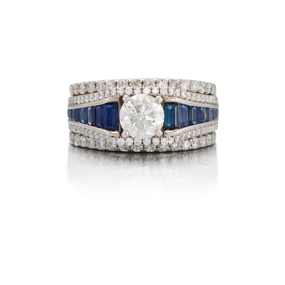 14K WHITE GOLD, DIAMOND AND SAPPHIRE RING (1 of 2)