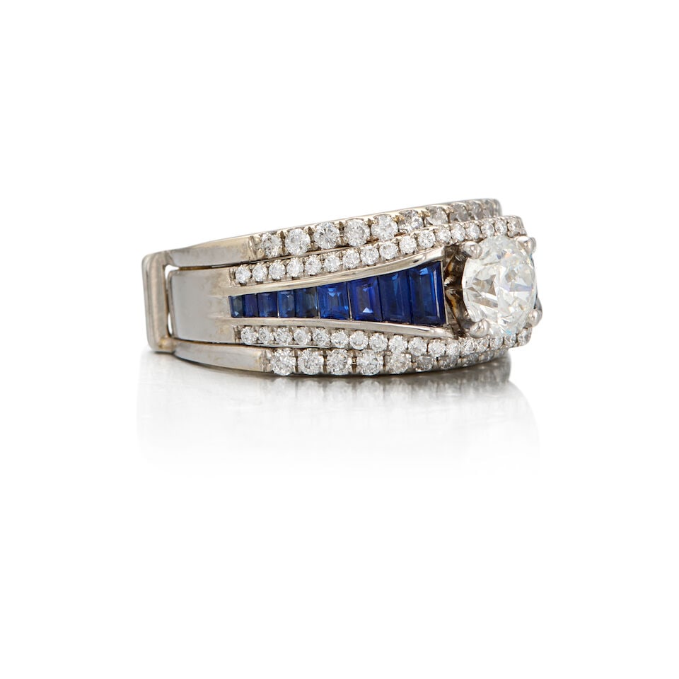 14K WHITE GOLD, DIAMOND AND SAPPHIRE RING - 2