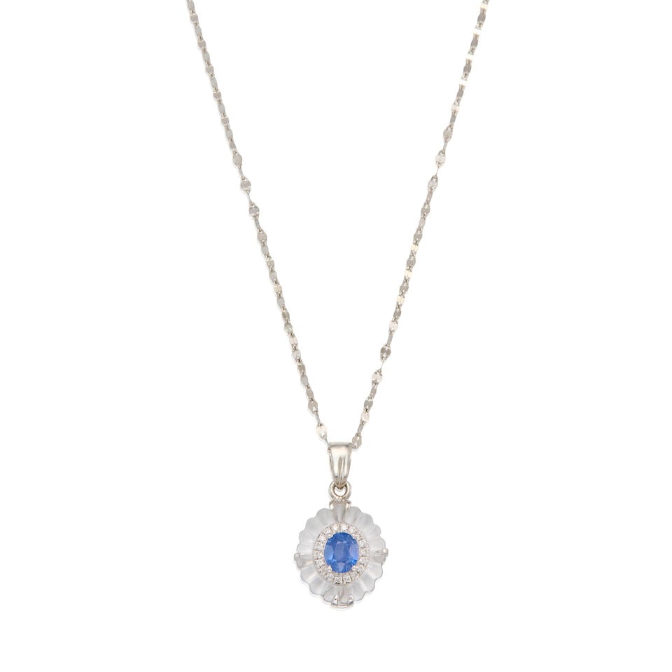 A PLATINUM, SAPPHIRE, ROCK CRYSTAL, QUARTZ, AND DIAMOND PENDANT WITH CHAIN (1 of 2)