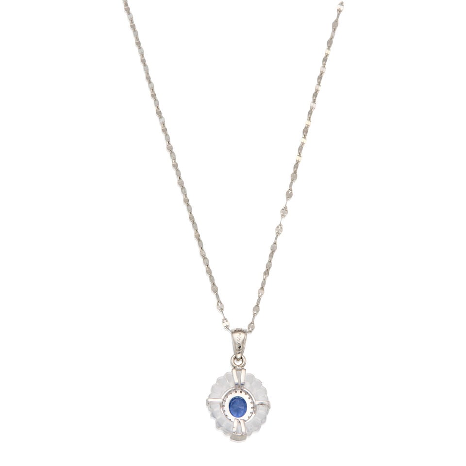 A PLATINUM, SAPPHIRE, ROCK CRYSTAL, QUARTZ, AND DIAMOND PENDANT WITH CHAIN - 2