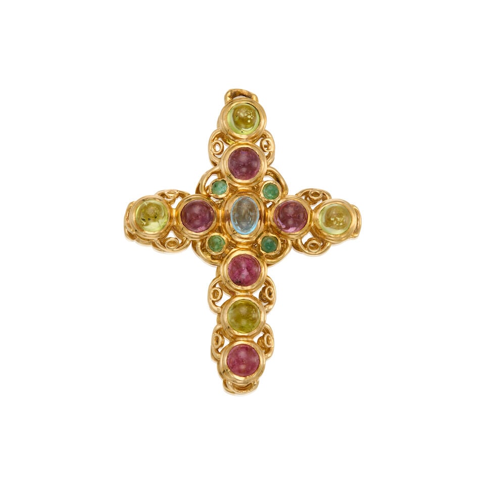 15K GOLD, TOURMALINE, TOPAZ AND GREEN GEMSTONE CROSS PENDANT: 15K GOLD, TOURMALINE, TOPAZ AND GREEN GEMSTONE CROSS PENDANT • One oval cabochon-shaped topaz measuring approximately 6.40mm x 4.95mm x dept isn't available due to setting • Nine round